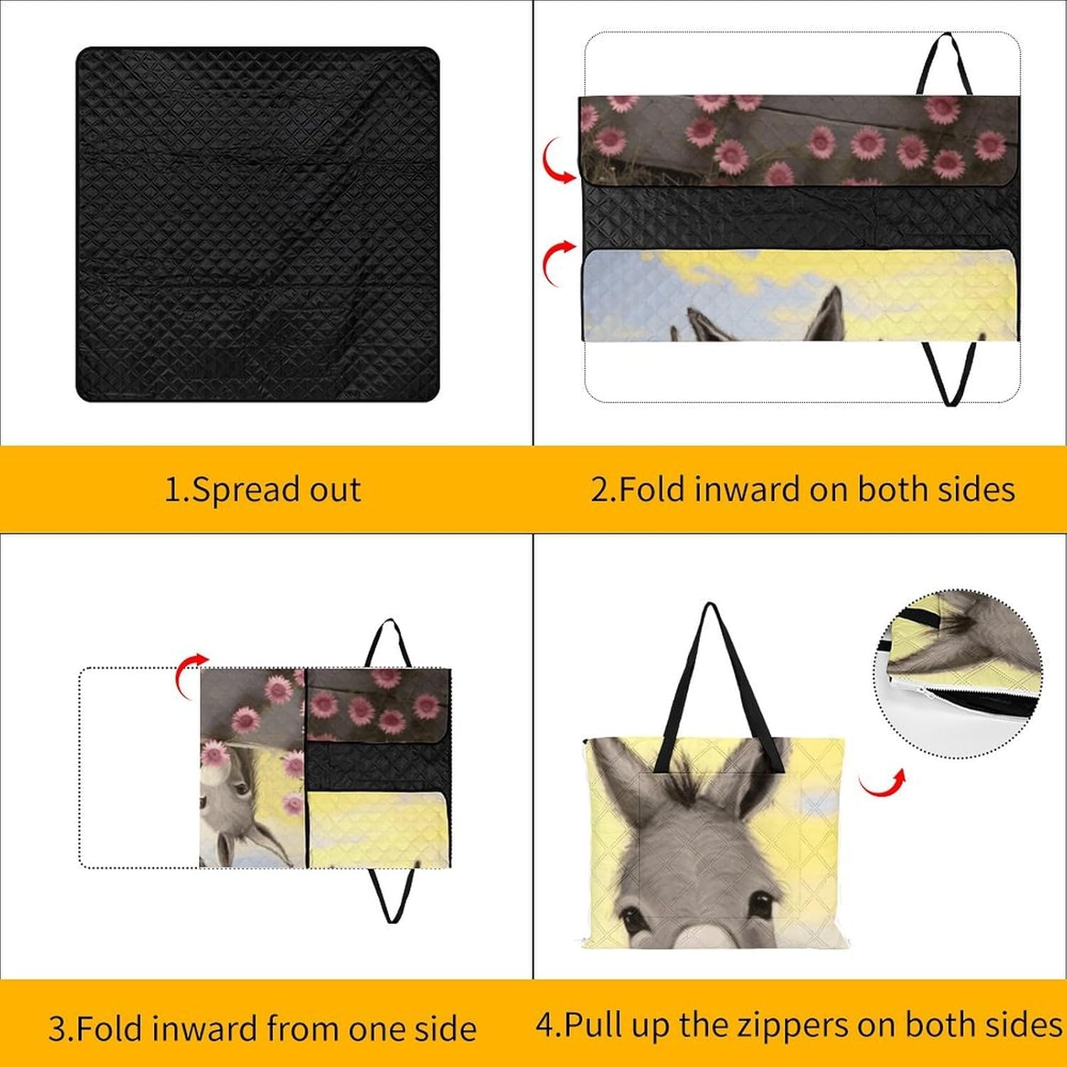 Donkey and Flower Picnic Blanket with Zipper Water Resistant Sand Free Picnic Mat Washable Foldable Easy Carry Beach Blanket for Lawn Beach Hiking Camping
