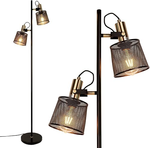 Newrays Lámparas de pie de malla metálica de hierro retro industrial de 2 vías con interruptor ajustable enchufable para sala de estar, dormitorio,