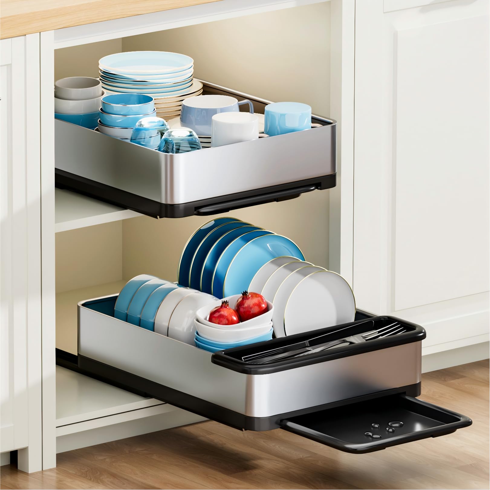 Ewaiira Stainless Steel Dish Drying Rack with Drainboard, Pull Out Cabinet Organizer 12.6" Wx16.5 D, Heavy Duty Slide Out Drawers for Plates, Kitchen Cabinets Pantry Storage