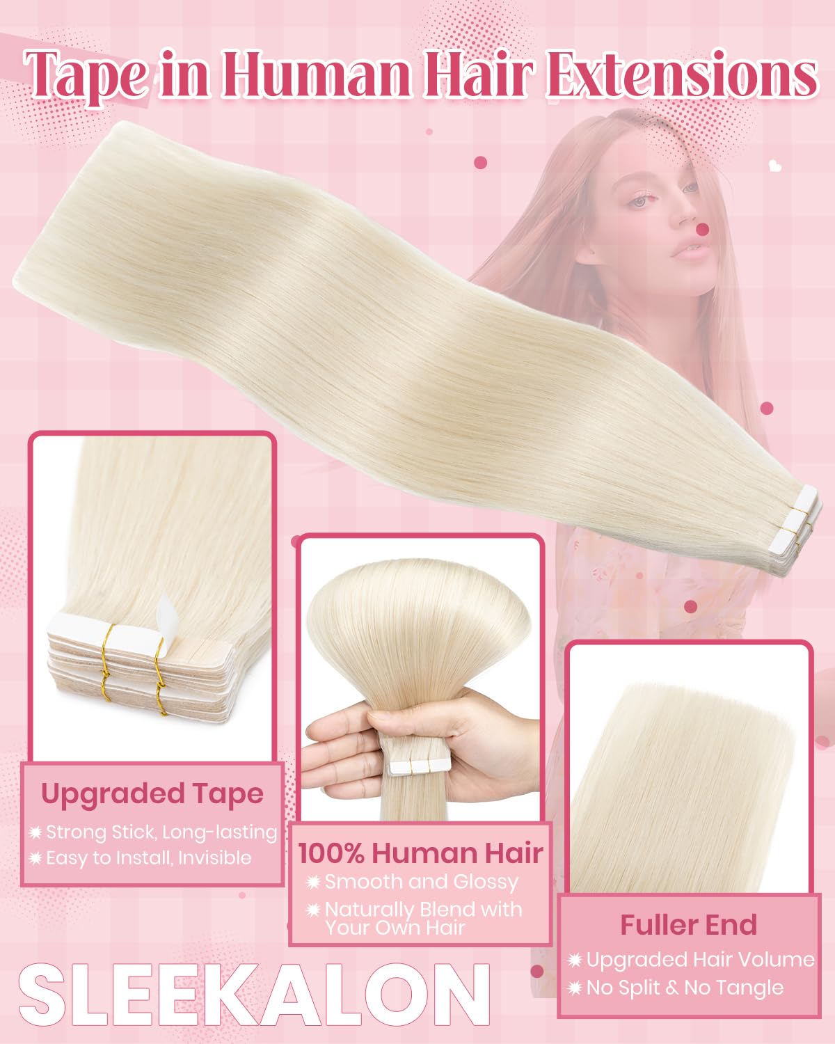 SLEEKALON Invisible Tape in Hair Extensions Real Human Hair 20 Pcs Thinned Version #70 Bleach White - Image 4