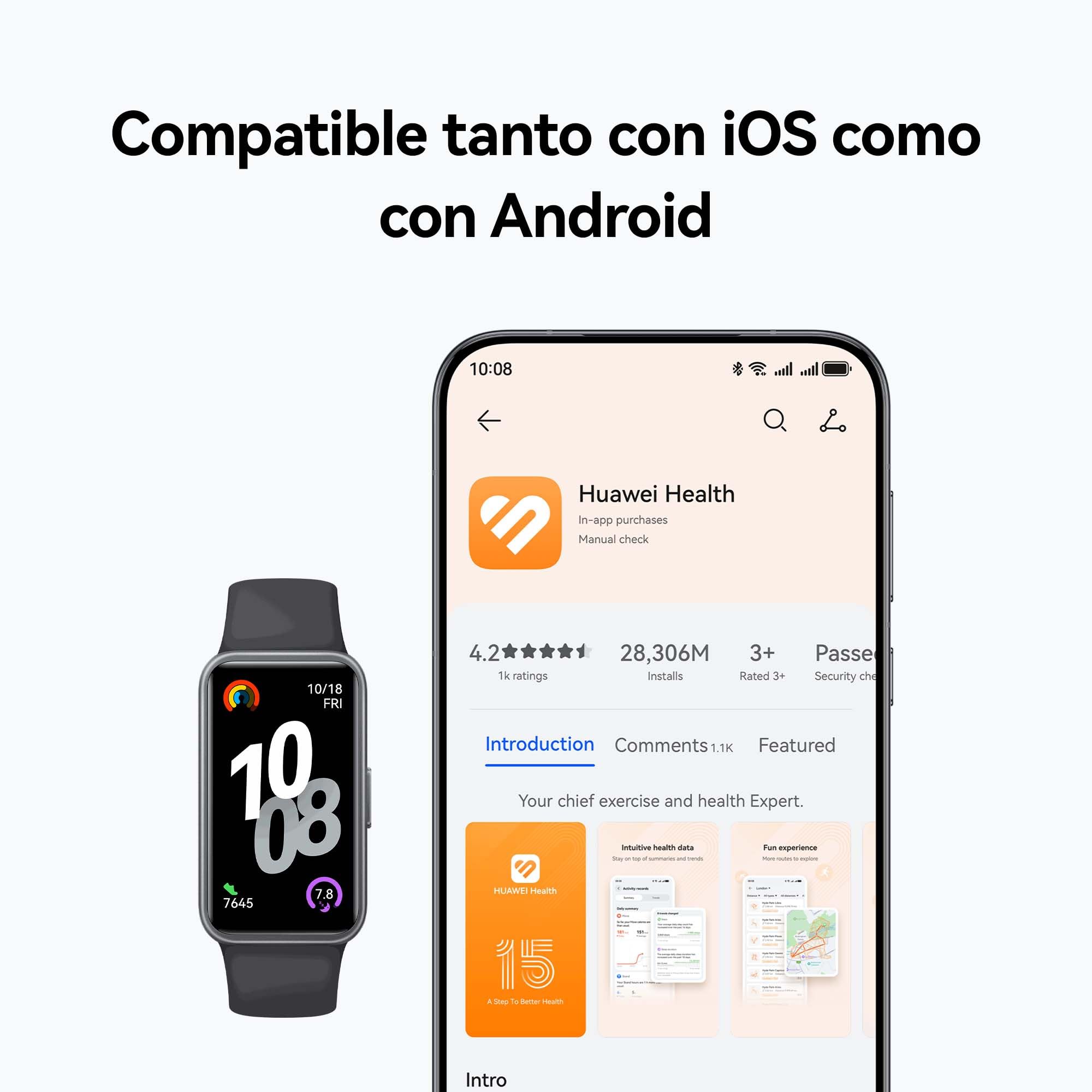 HUAWEI Band 10 Smartwatch, Monitorización de Actividad Física con IA, Análisis del Sueño a Nivel Profesional, VFC Promedio y Datos sobre el Sueño, iOS y Android, 14 Días de Autonomía, Negro