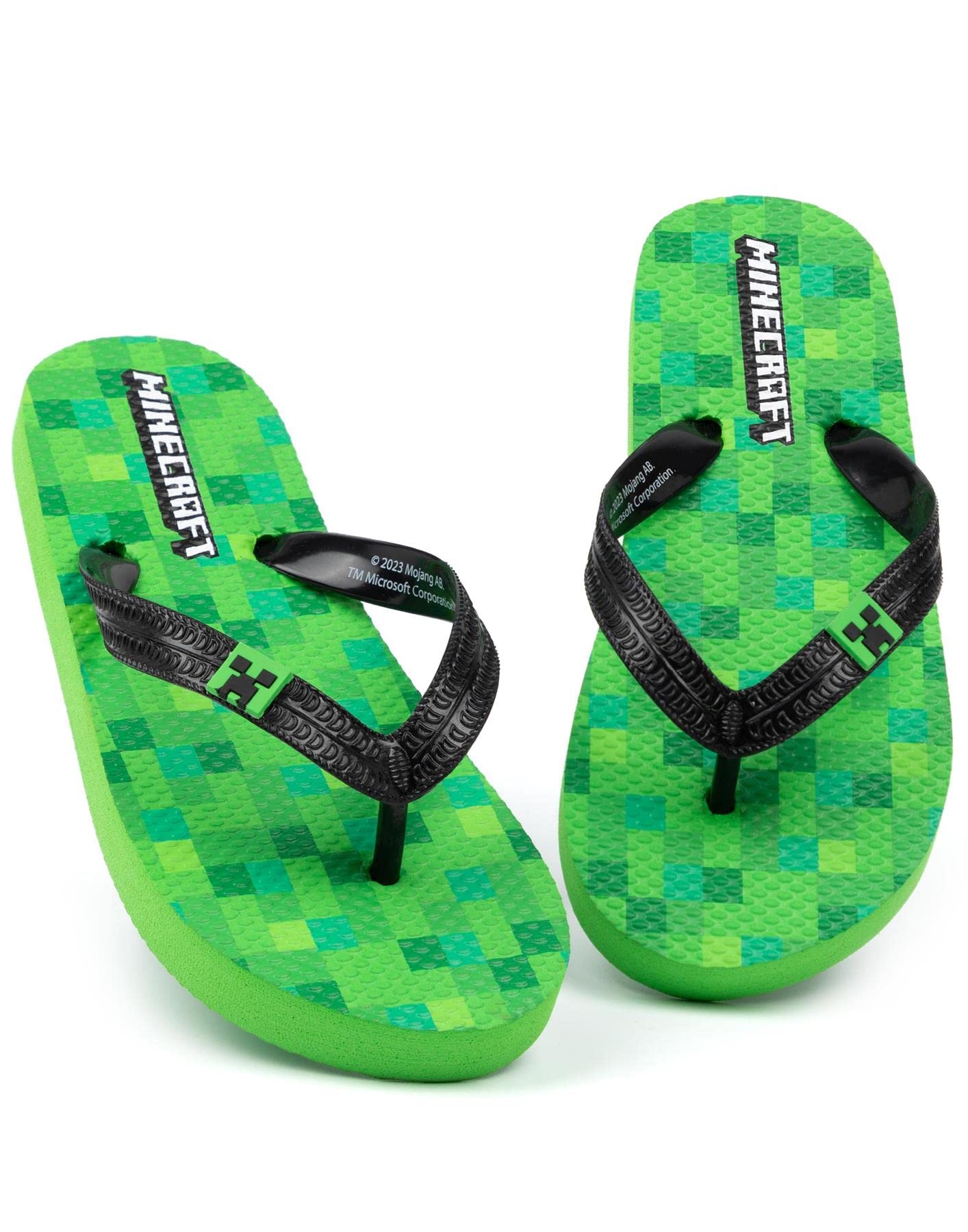 Creeper Kids Sandals | Green Flip Flop Sliders For Boys & Girls | Block Pixel Game Villain Summer Shoes | Fun Slip-on Beach Footwear Merchandise Gift for Children and Teens