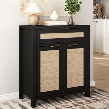 HOKYHOKY Rattan Sideboard Buffet Cabinet, Boho Storage Cabinet with Adjustable Shelf, Farmhouse Credenza Coffee Bar Cabinets with Doors & Drawer for Living Room, Hallway & Kitchen, Black