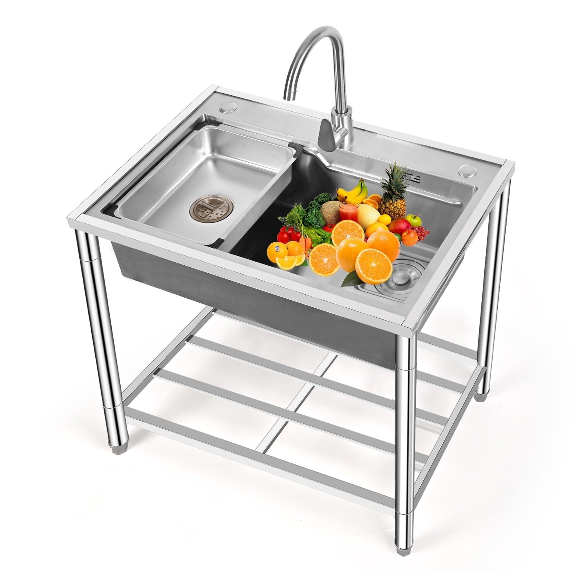 SDdPulse Fregadero independiente de acero inoxidable con grifo de agua caliente y fría, ideal para cocina, garaje, lavandería y restaurante, plateado, 72 x 49 x 85 cm
