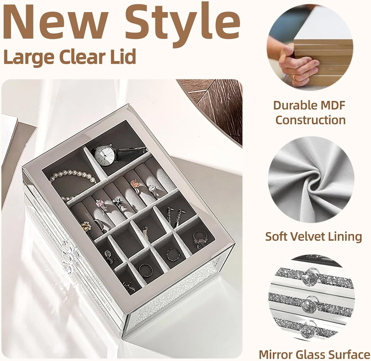Mirrored Jewelry Box for Women,Glass Lid Jewelry Organizer with 3 Drawers for Necklaces Rings Earrings Bracelets,Crushed Diamond Home Decor,Gift Idea(7.6" D x 10.5" W x 5.5" H)