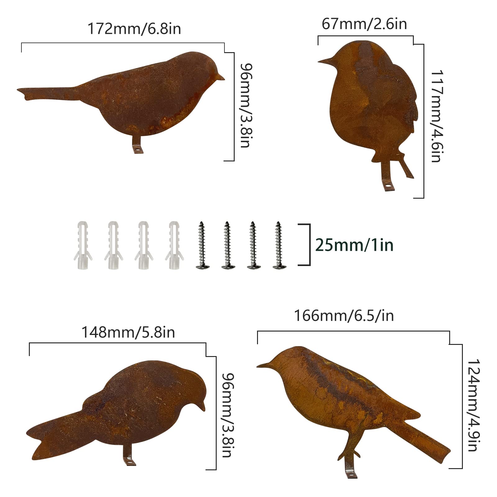 GWHOLE 4 Roestige Vogelpatina Tuinstekers - Roest Decoratie Voor Hout - Metalen Vogel Tuindecoratie Outdoor