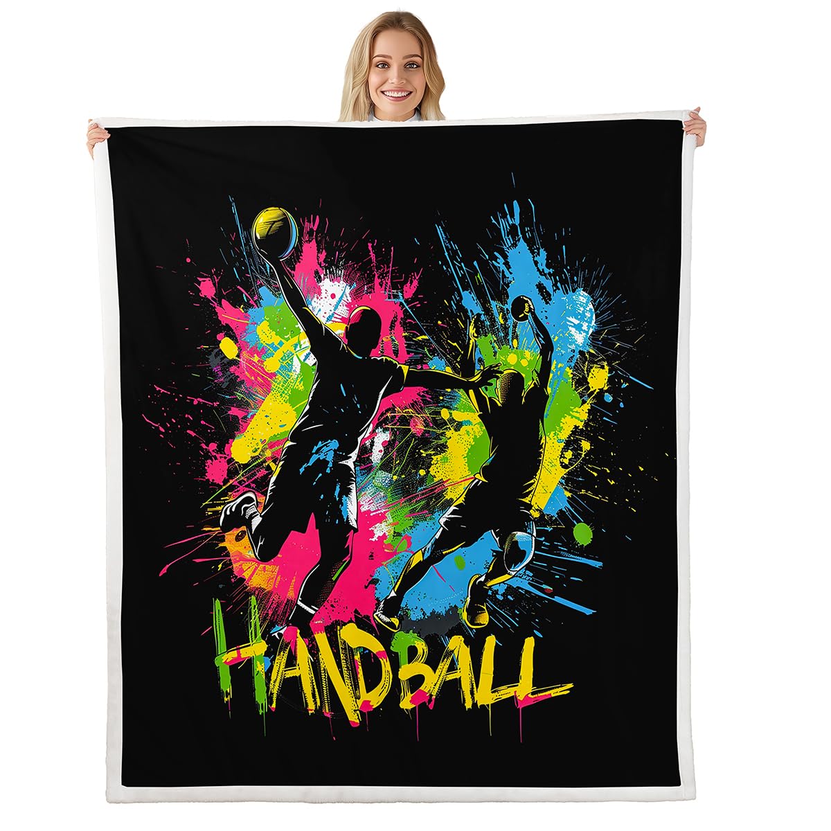 Homewish Handball Jugendliche Fleecedecke 150x200cm Farbenfroher Splatter Kunst Decke für Kinder,Athleten Silhouetten Kuscheldecke Sportbegeisterte Handball-Fans Bett Sofa Couch Dekorative Decken