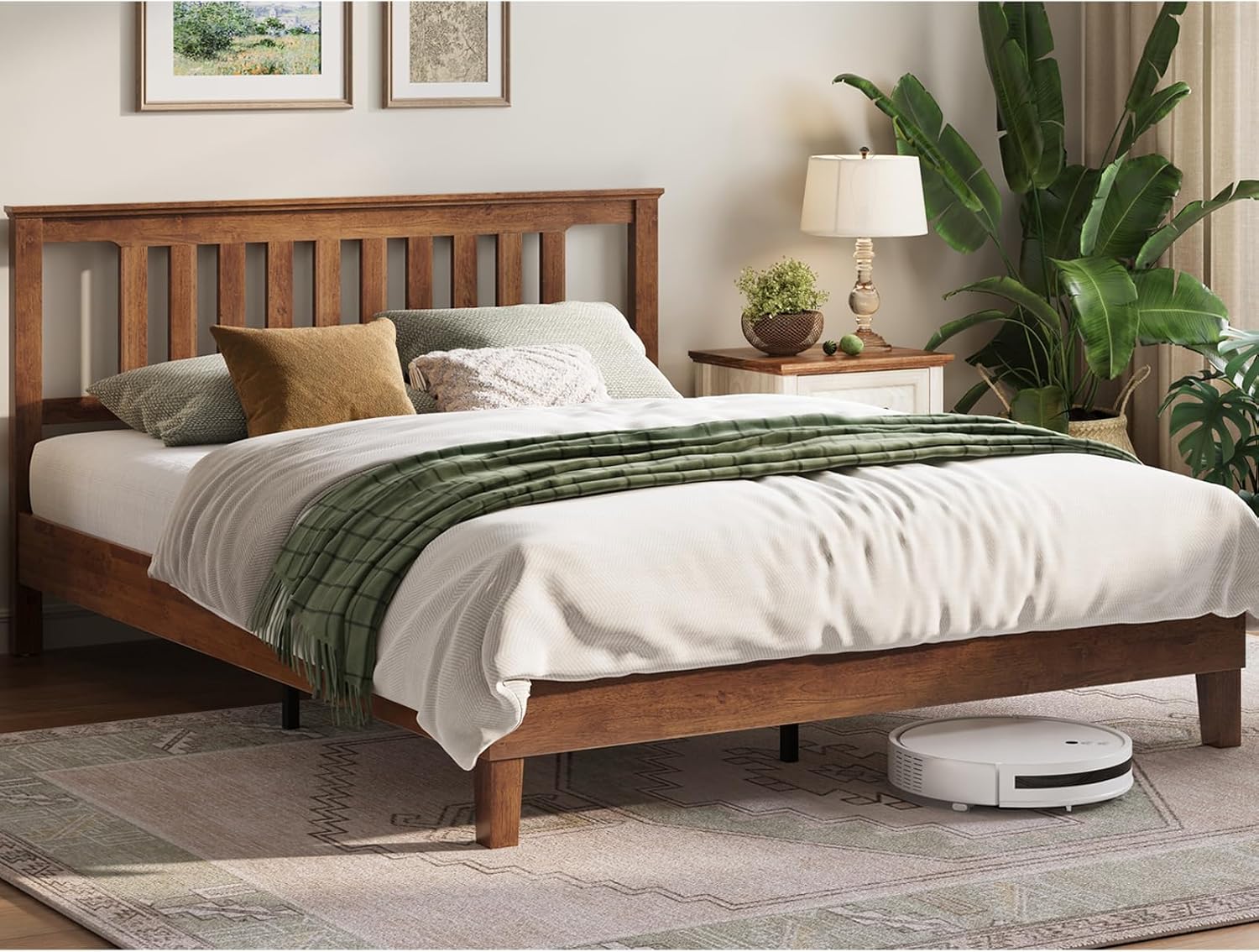 LINSY Solid Wood Bed Frame, Queen Bed Frames Wooden Platform Frame with Headboard and Slat Bases, Mid Century Modern Bedframe No Box Spring Needed, Easy Assembly, Antique Walnut Antique Walnut Queen