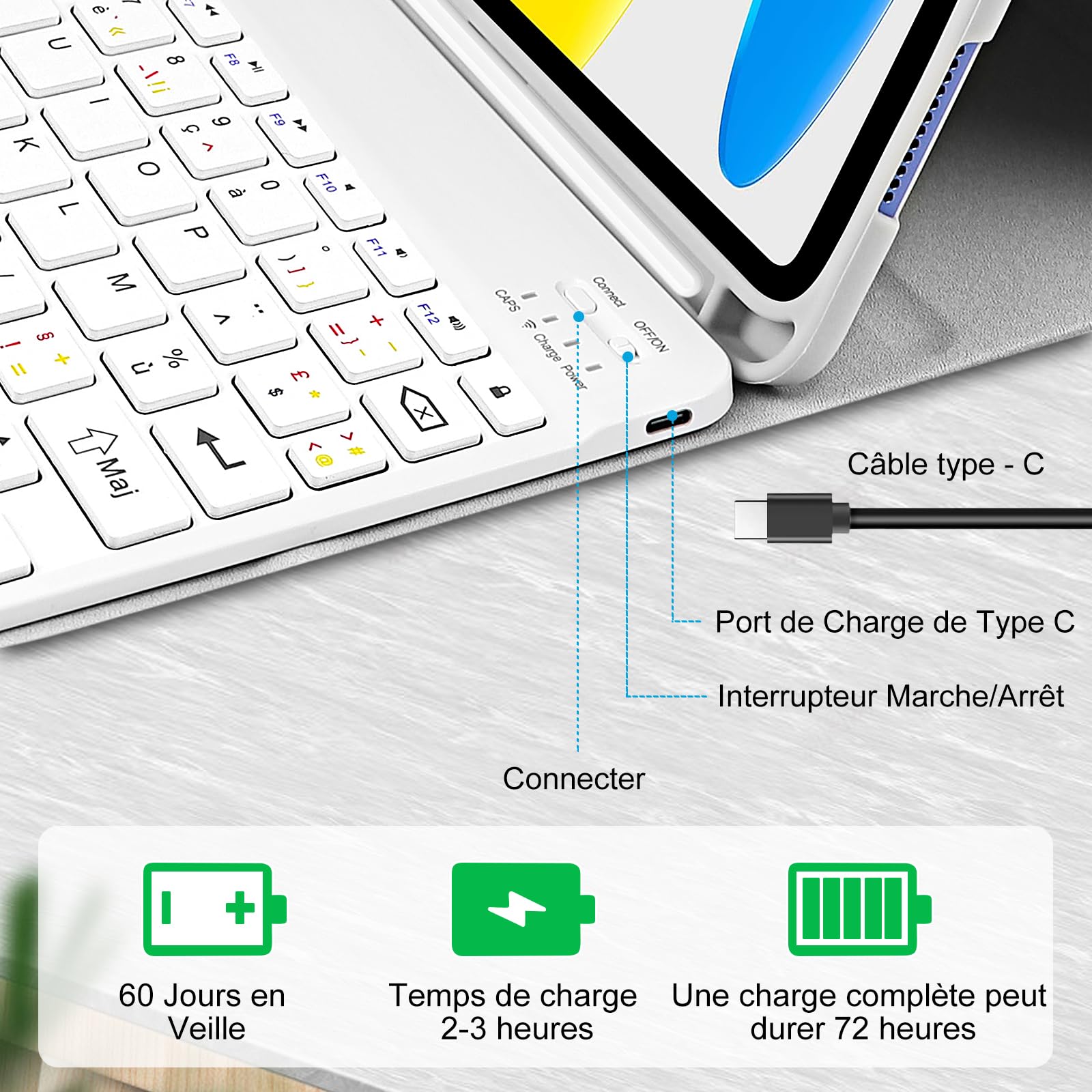 Coque Clavier pour iPad A16 11/10 Ème Generation (10.9 Pouces 2022/11 Pouces A16 2025), Housse iPad 11 Bluetooth Détachable sans Fil avec Porte-Stylo, AZERTY Layout (Gris Blanc)