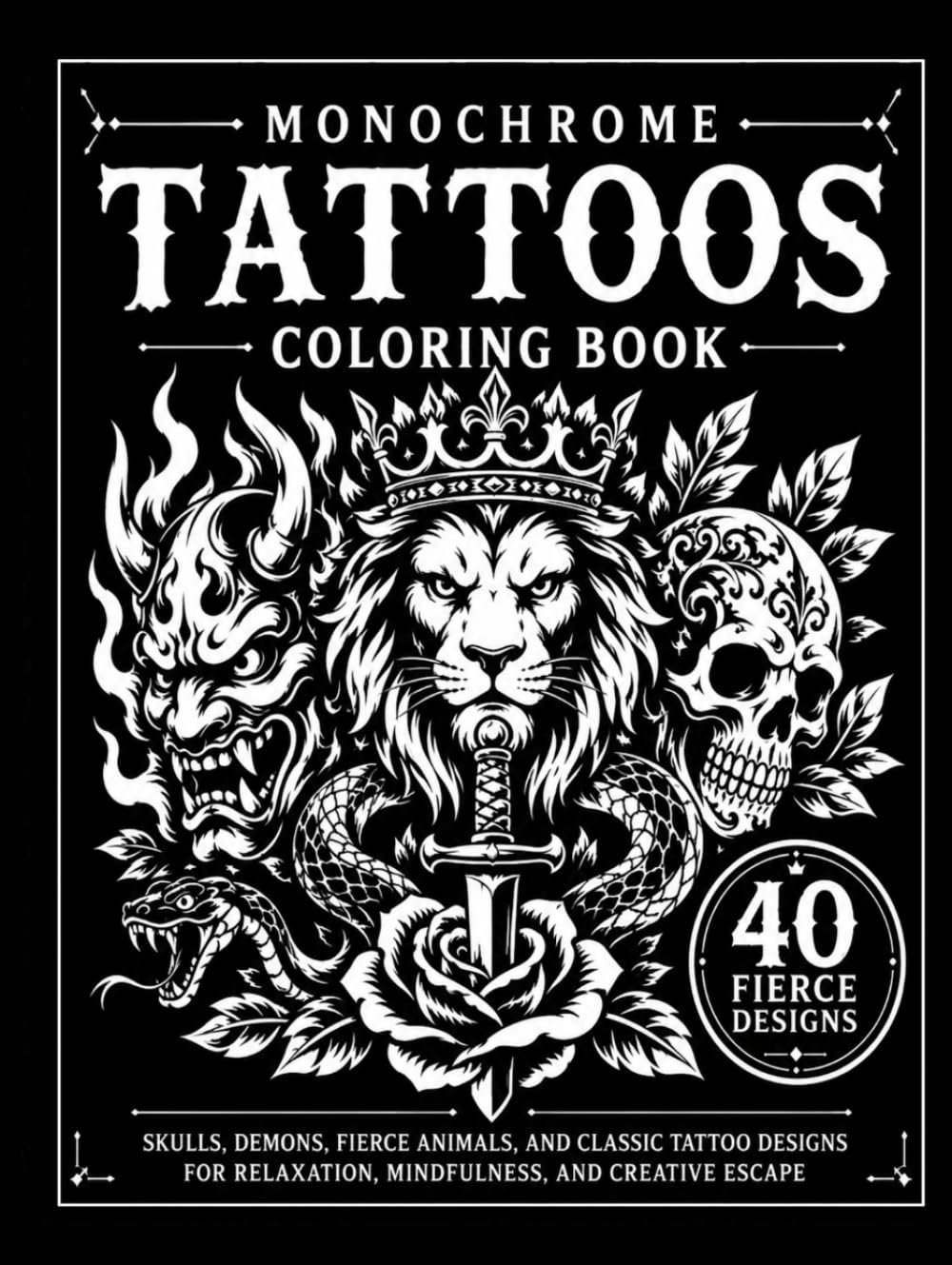 Monochrome Tattoos Coloring Book: Skulls, Demons, Fierce Animals, and Classic Tattoo Designs for Relaxation, Mindfulness, and Creative Escape