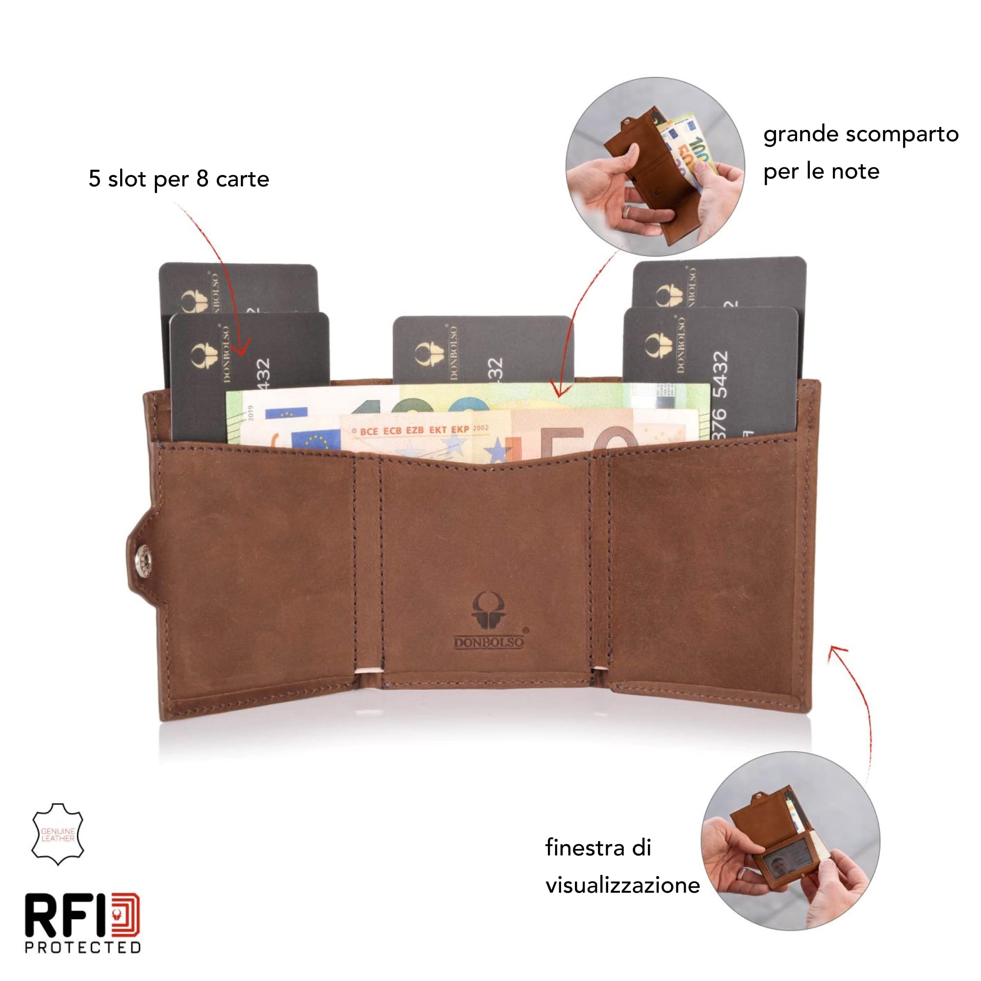 DONBOLSO Portafoglio XS | Portafoglio Uomo Slim senza Portamonete | Portafoglio Slim Uomo con Protezione RFID | Slim Portafoglio da Uomo e Donna | Vintage Marrone