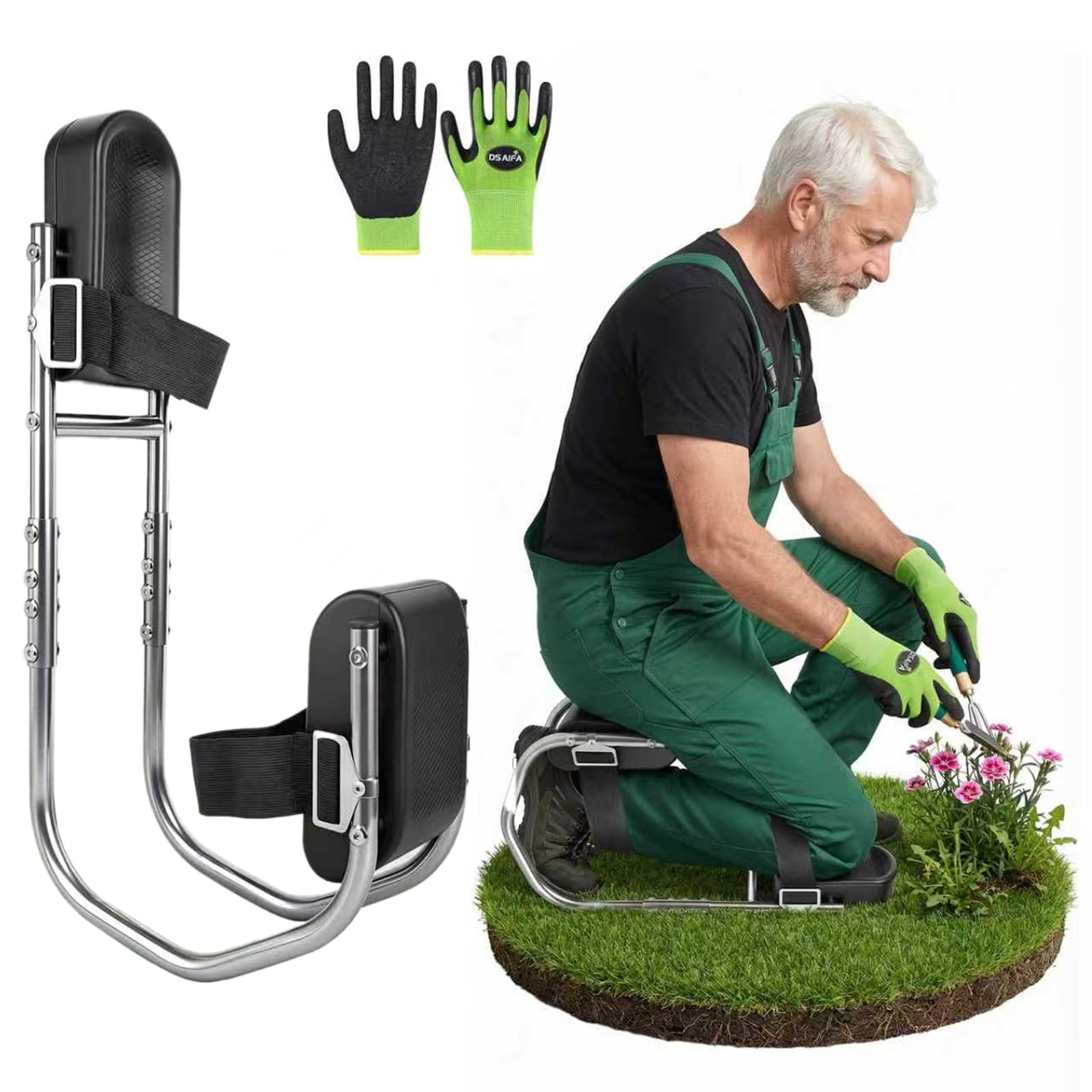 Rodillera para jardinería con función de asiento, comodidad para jardinería, soporte de rodilla ajustable, férula para piernas, 160 – 195 cm de altura, rodilleras en jardín, construcción y