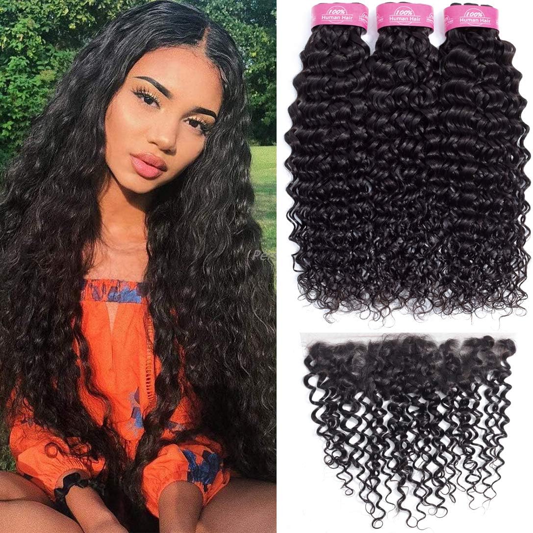 3 Bundles Water Wave Bundles with Frontal (26 28 30+20inch,Free Part) 10A Grade Brazilian Human Hair Bundles with Frontal Closure 13x4 RESACA Virgin Wet and Wavy Human Hair Extension