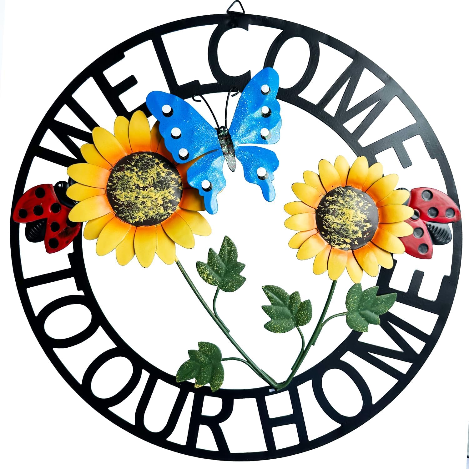 SAGUZOU Hanging Sunflower and Butterfly Welcome Wreath, Outdoor Garden Ladybug Decor for Front Door, Porch or Backyard, Metal Construction
