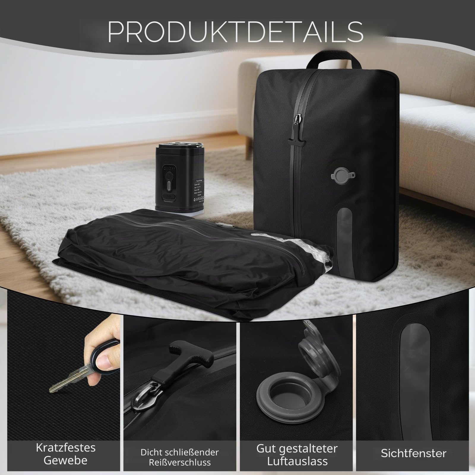 WingFly Vakuumbeutel für Kleidung Reise mit Kabelloser Pumpe, IP67 Wiederverwendbare Kompressionsbeutel für Koffer und Rucksack, Platzsparend,Leicht und Langlebig (Schwarz, 2PC+Pumpe)