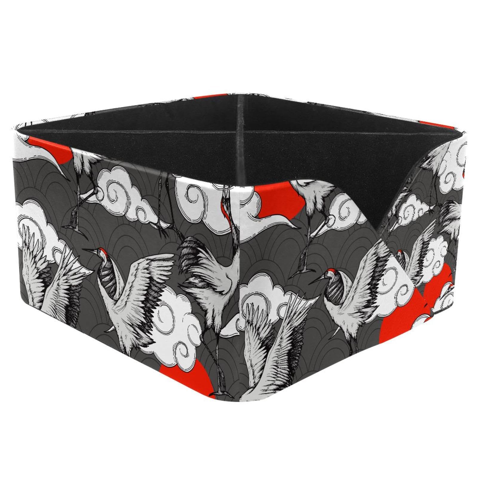 KengjuTesu Japanese Cranes Clouds and Red Sun Pattern Desktop Organizer Pen Holder, Rectangular Pencil Cup for Office, Study and Makeup Stations