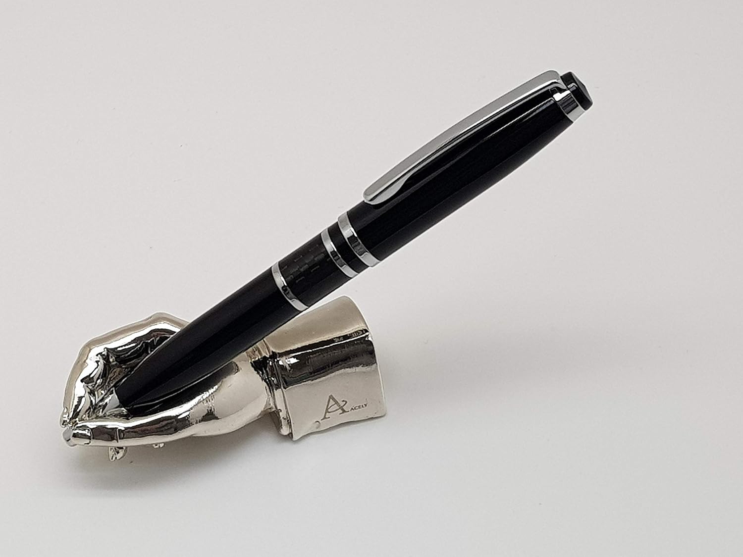 ACELY Executive Carbon Fiber gel ink Ball Pen with hand shaped Pen Holder Desk Decorations for Men - Pen & holder Set (Silver)