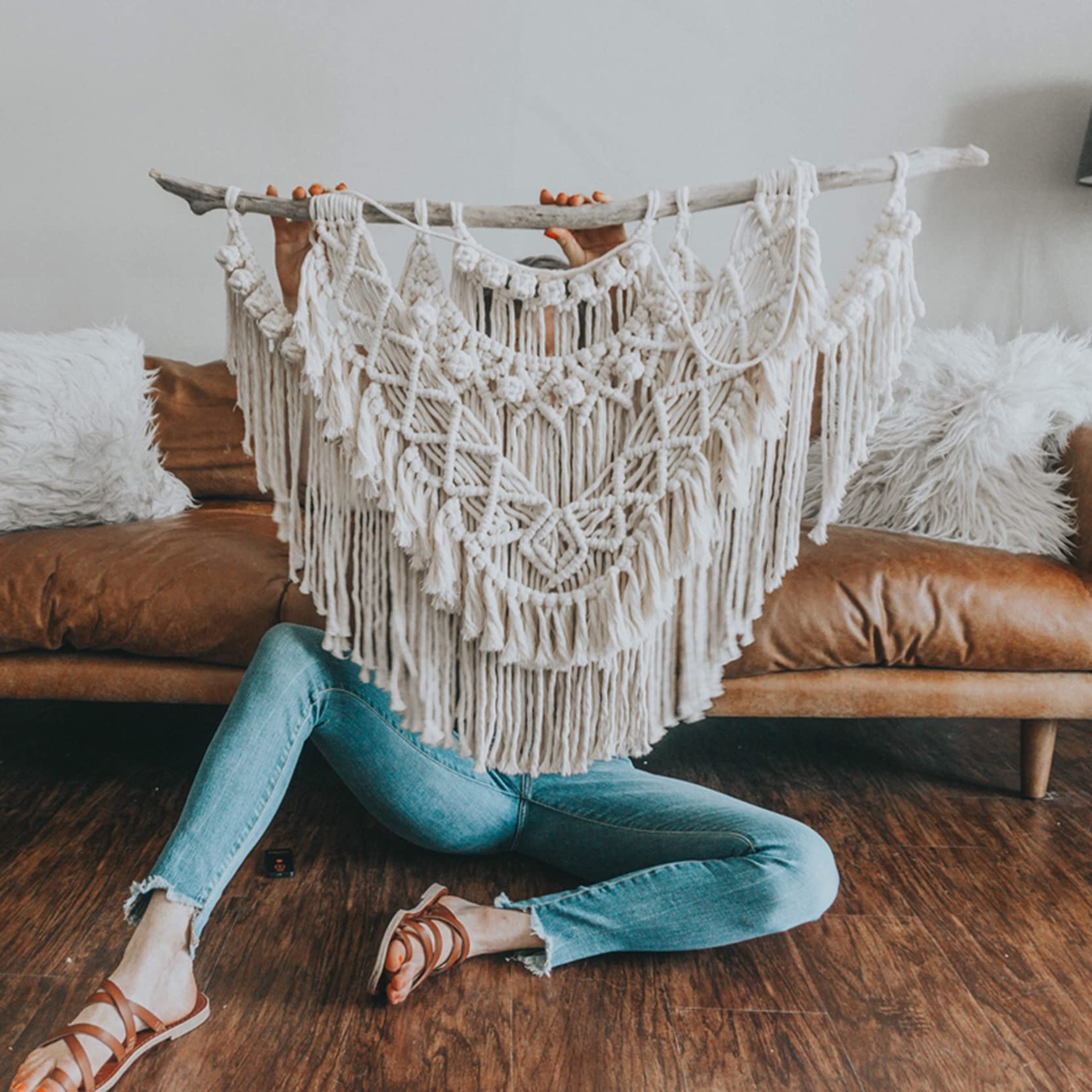 WABMJGW Tapiz de macramé Bohemio para Colgar en la Pared, Tapiz de macramé, Tapiz de Cuerda de algodón, para Colgar en la Pared, para Dormitorio, Sala de Estar, Color Beige, 120 x 100 cm