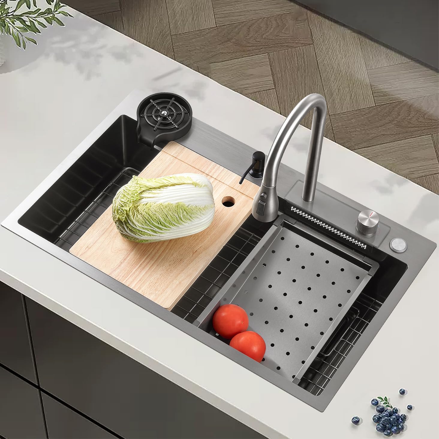 66 x 50 cm Fregadero de cocina en cascada gris oscuro, fregadero moderno multifuncional de acero inoxidable de una cubeta con grifo rociador abatible y accesorios