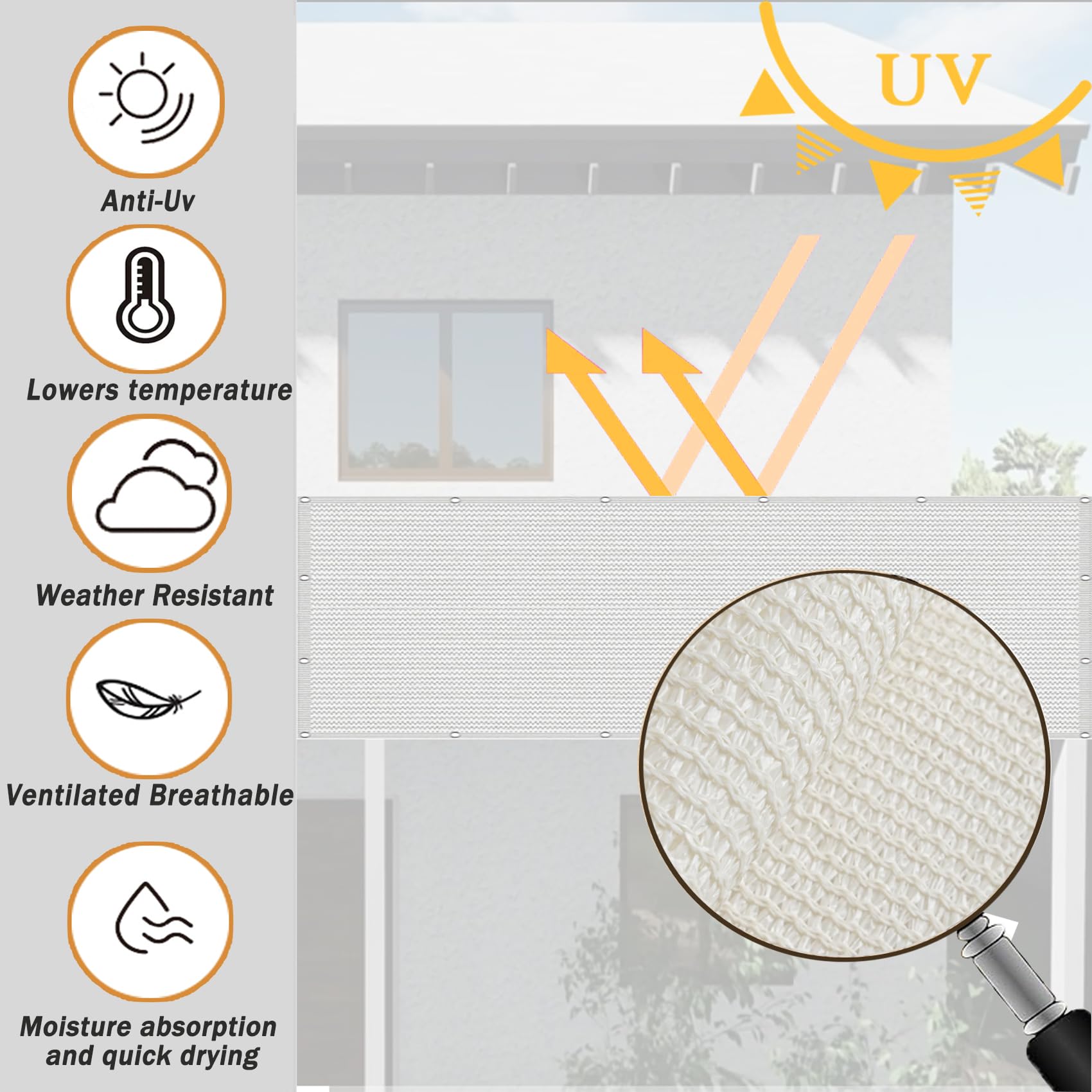 Siatka Zacieniająca 1.9 x 8 m HDPE 220 G M² Bez Wiercenia, Nieprzejrzysta, Odporna Na Uv, Odporna Na Rozdarcie, Ogrodzenie Ogrodowe Z Oczkami I Linką Do Podwórka, Biały