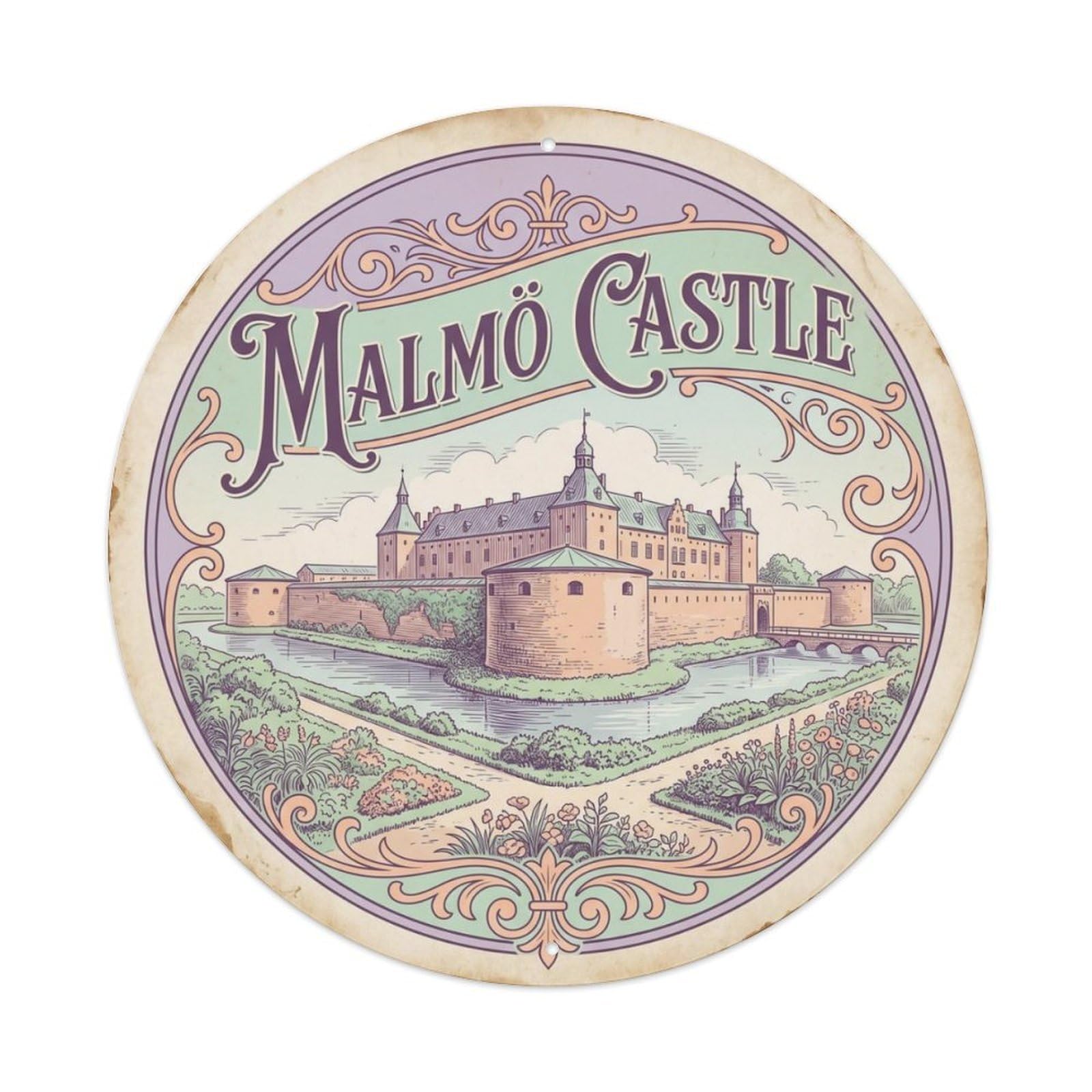 Vintage Travel Malmo Sweden Castle Metal Tin Sign Plaque Wall Decor for Cafe, Club Bar, Office, Home Garden Round Metal Poster 8x8Inch