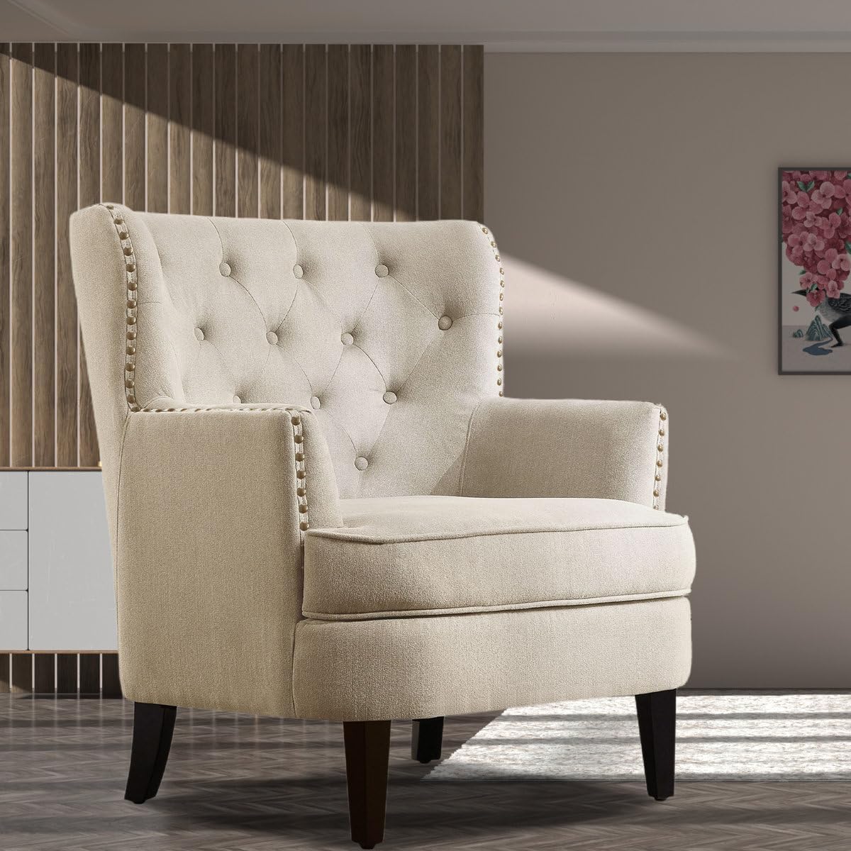 Modern Upholstered Velvet Chair Button Tufted High Back Puffy Armchair for Living Room, Bedroom, Hallway (Beige)-image-37