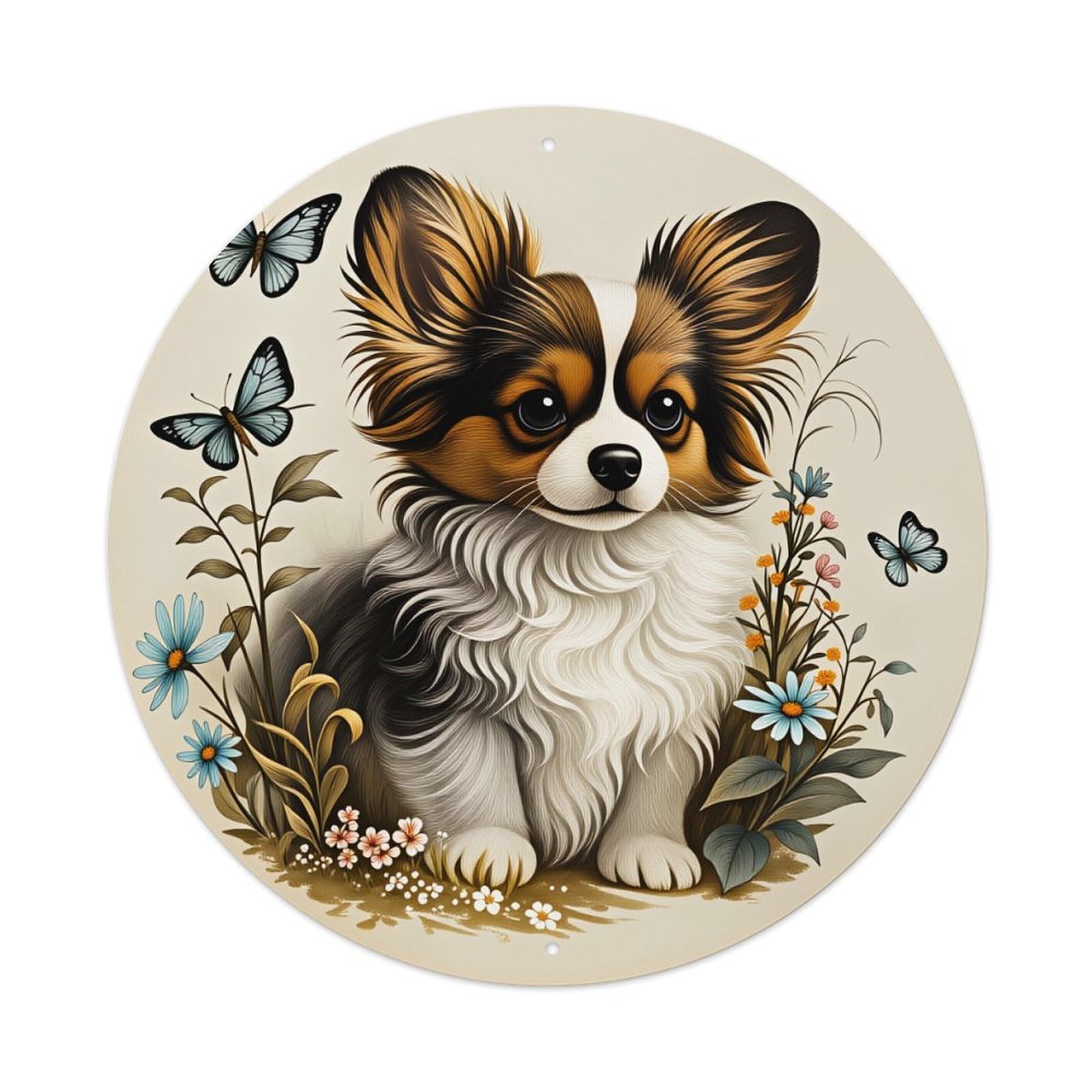 Cute Dog With Flowers And Butterflies Round Tin Sign Vintage Style Metal Sign Home Bar Garden Wall Plaque Decor Metal Poster 8x8 Inch