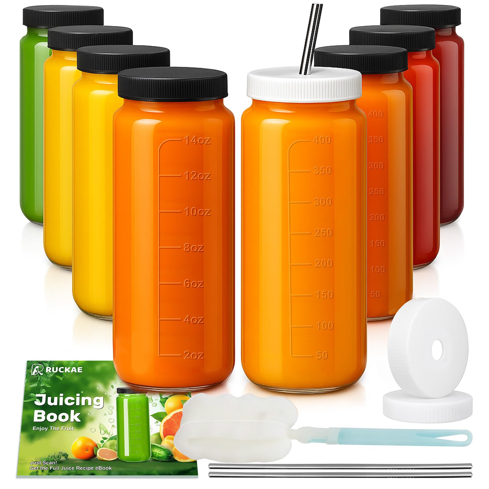 Ruckae 8pack 16oz Glass Juice Bottles with Lids &amp; Straws &amp; Juicing Recipe