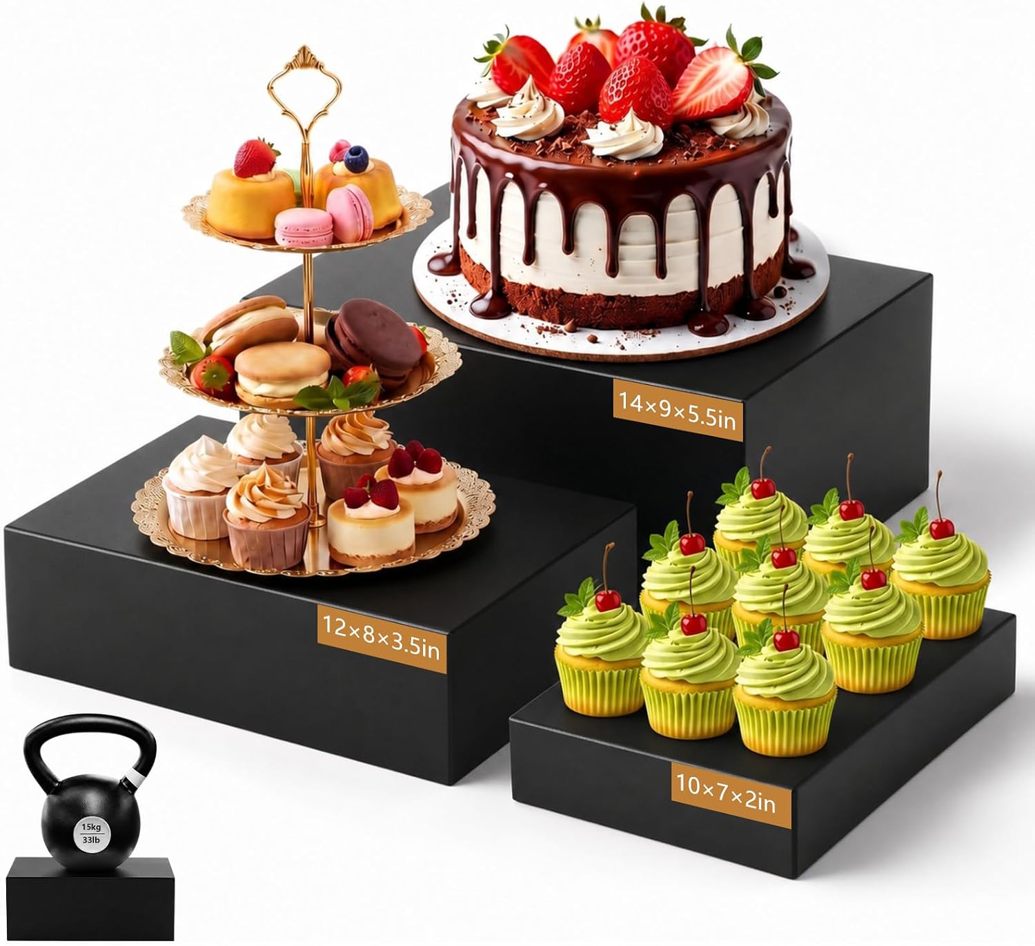 Leinuosen 3 Pack Extra Large Metal Buffet Risers, 10" 12" 14" Metal Display Stand for Dessert Table Display, Black Dessert Table Riser, Boxes Nesting Risers with Hollow Bottoms for Catering Supplies