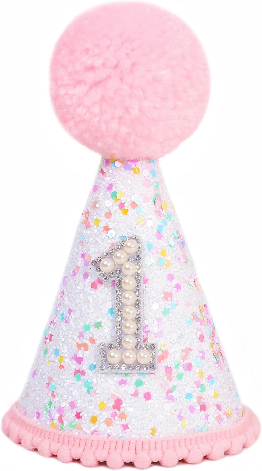 Pink 1st Birthday Hat - Confetti First Birthday Decor, Sprinkle Photo Prop