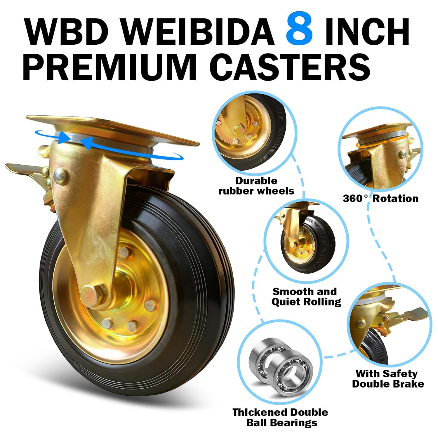 8 Inch Heavy Duty Casters Set of 4 with Brakes, 3000 lbs Capacity Industrial Rubber Wheels for Carts Heavy Duty, Swivel Plate Mount Casters for Workbench, Dolly, Wagon, Trolley, Toolbox
