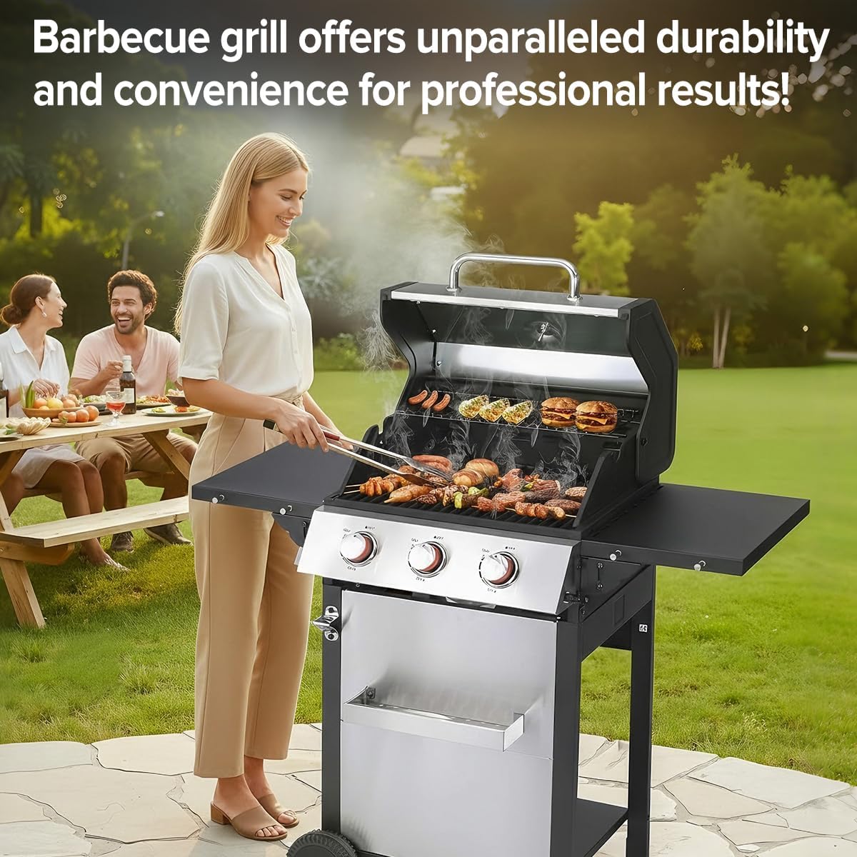 CIG GARDEN 3-Burner Propane Gas Grill with Foldable Side Tables & Cast Iron Grates - 31500 BTU Stainless Steel Portable BBQ Grill for Patio, Camping, Backyard Outdoor Cooking