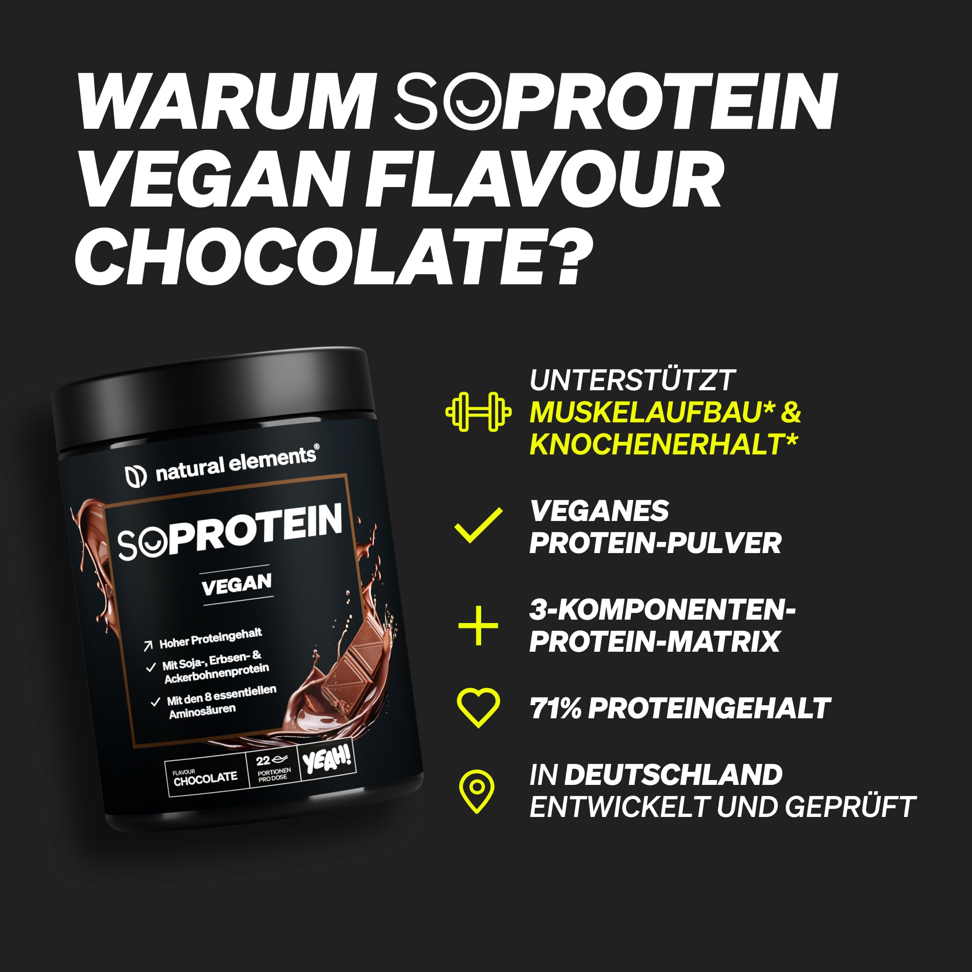 natural elements SoProtein Vegan Chocolate – veganes Proteinpulver – 660g – 21g Protein pro Portion – 22 Portionen – ideal zum Muskelaufbau, perfekte Löslichkeit – laborgeprüfte Qualität