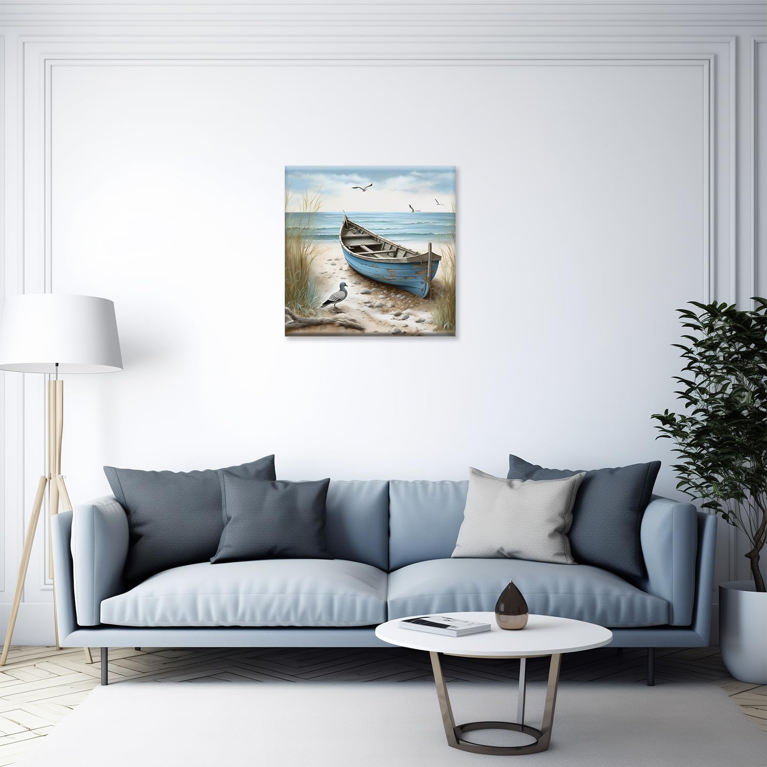 MODOJOART Sea Beach Canvas Wall Art, Beach Boat and Sea Birds Painting Poster Relaxing Coastal Seascape Nature Seashore Picture Print for Bedroom Living Room Decor(Artwork-01, 12"x12")