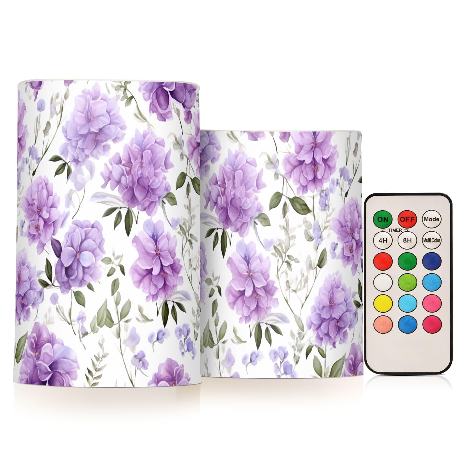 CHIFIGNO Flameless Candles, Violet Flowers Green Leaves Electric Fake Plastic Candles Pack of 2 Led Candles with Remote and Timer Home Bathroom Living Room Decor