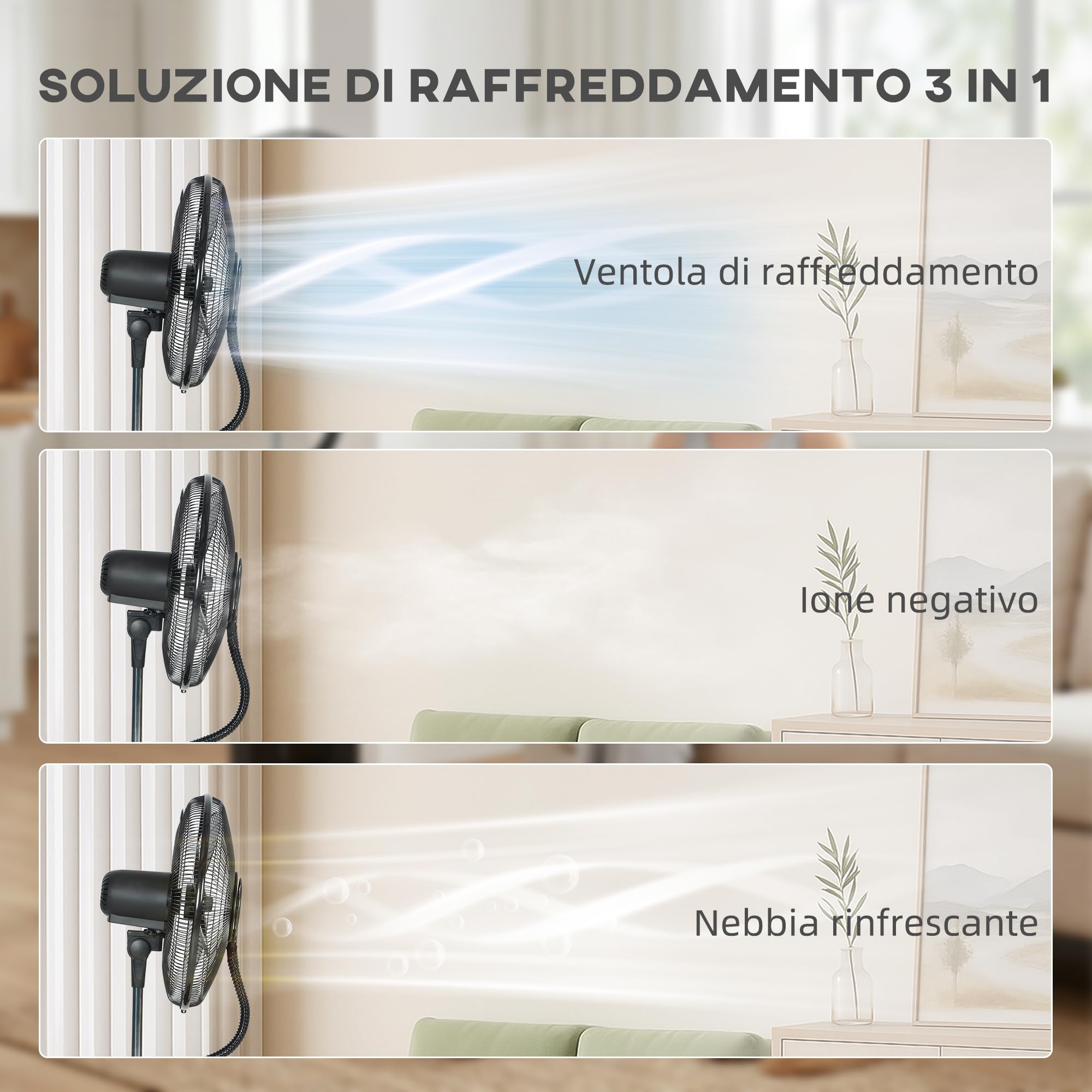 HOMCOM Ventilatore Nebulizzatore Serbatoio 1.5L, Ionizzatore, 3 Modalità, 3 Velocità, Ventilatore a Piantana, Ruote, Oscillazione 120° Inclinazione 20°, Timer 9h, Display LED, Telecomando, 100W, 130cm