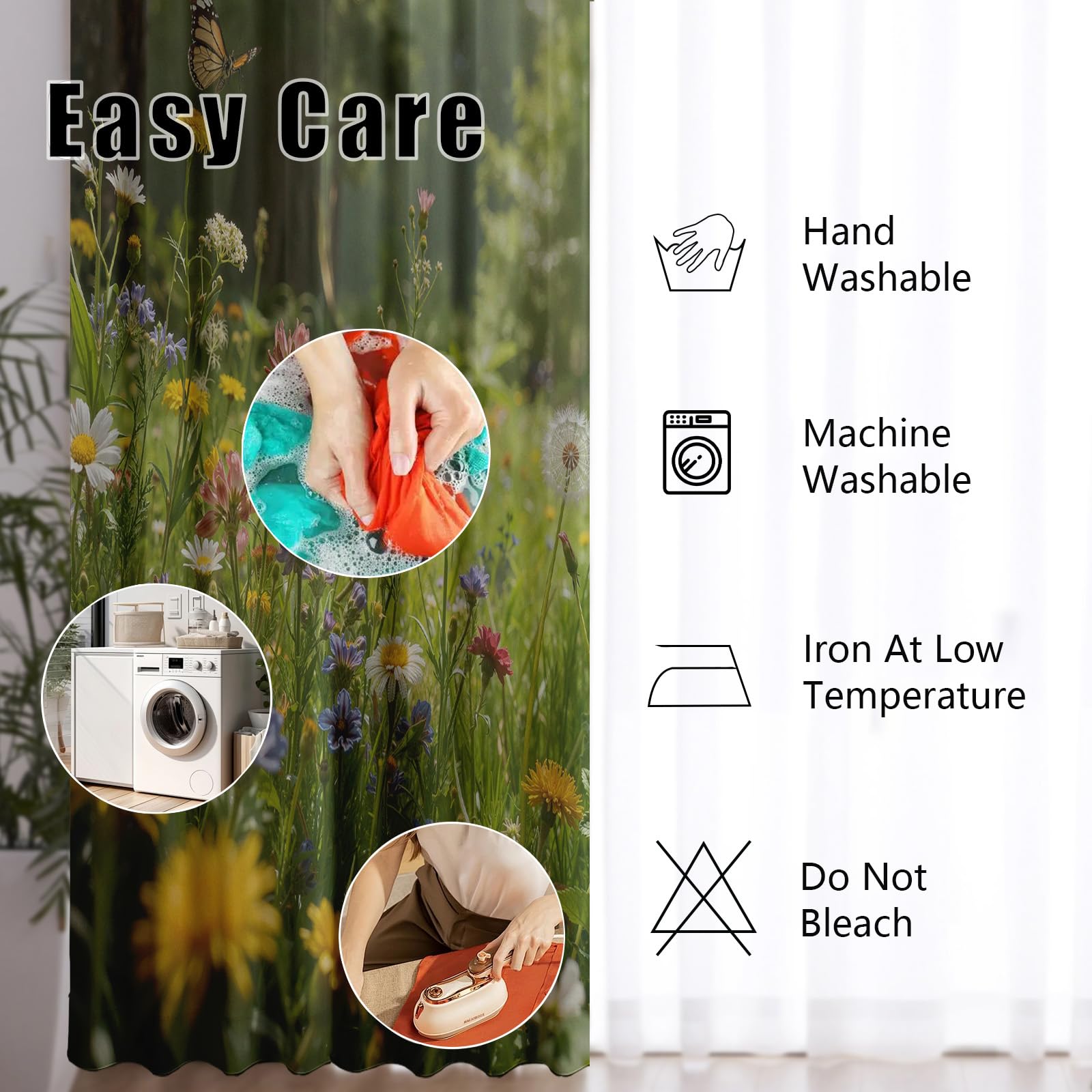 Blumenwiese Vorhang mit Ösen 2er Set, Bunt Wildblumen Schmetterling Gardinen Wohnzimmer 225x70 cm, Natur Pflanzen Floral Verdunkelungsvorhange Blickdicht Schlafzimmer Thermo Schallschutz Curtain