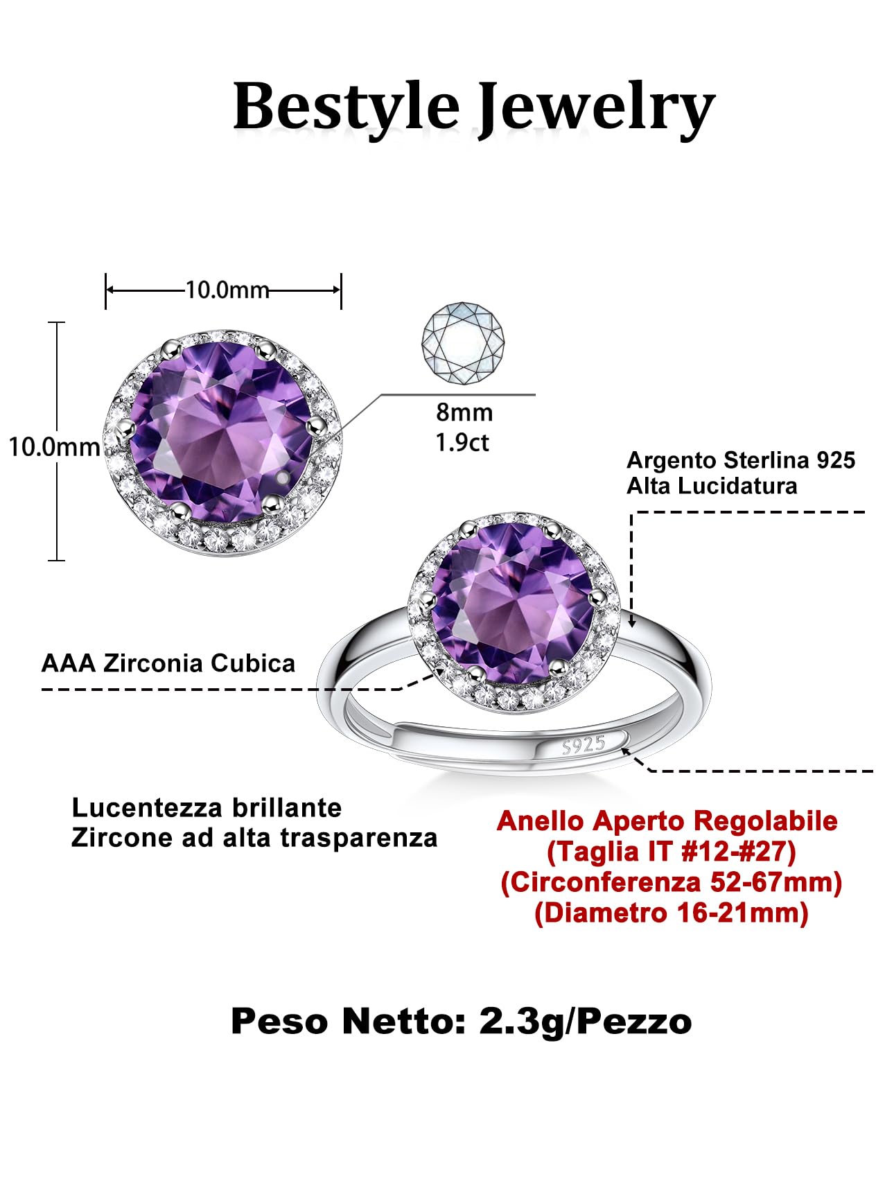 Bestyle Anello Donna Argento 925 Regolabile con Pietra Portafortuna 12 Mesi, Anello Argento 925 Donna per Ragazza Mamma, Confezione Regalo