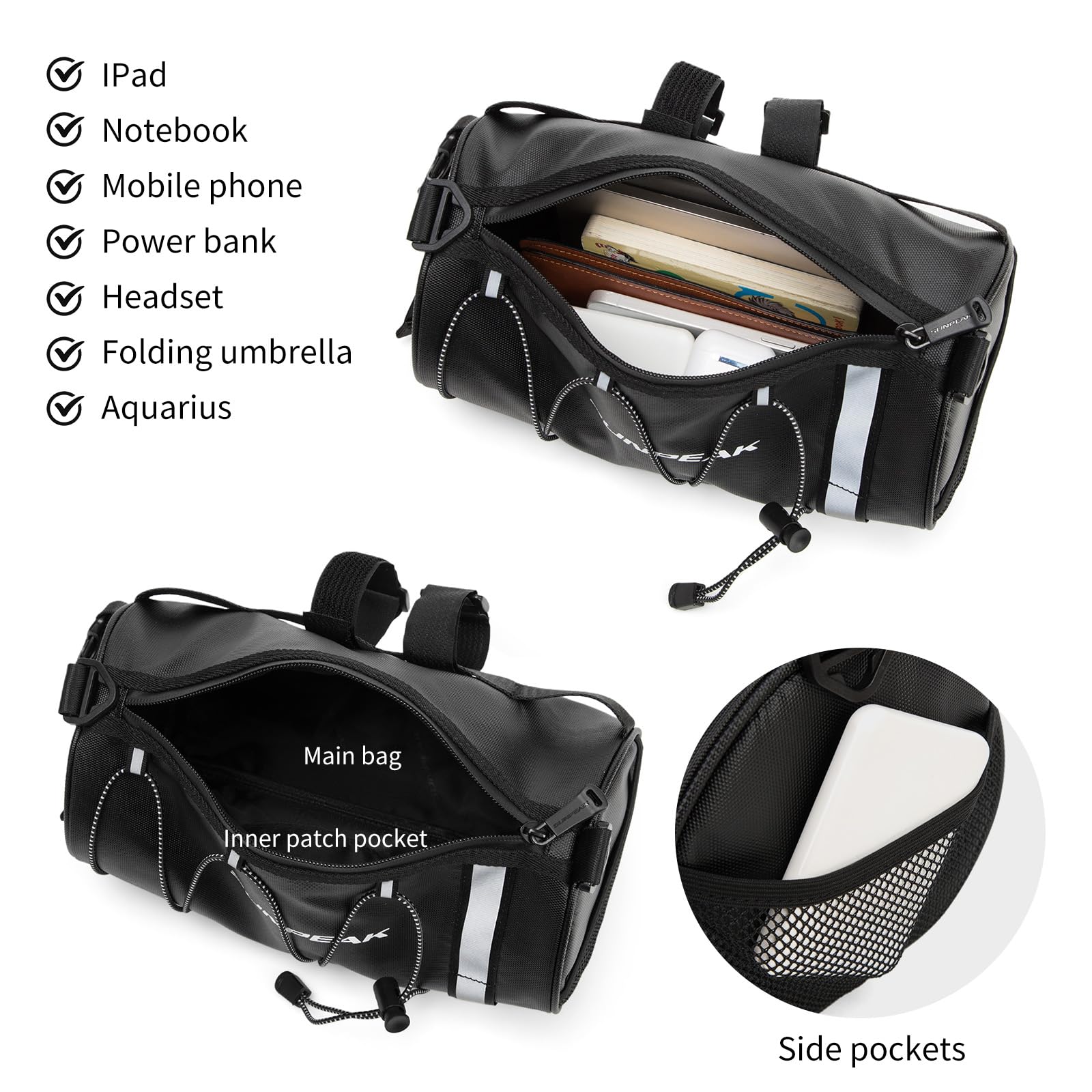 Bike Handlebar Bag Waterproof - Bicycle Handlebar Bag with Large Reflective Area & Strips, Bike Front Pouch with Waterproof Zipper Shoulder Strap Removable Straps for Cycling