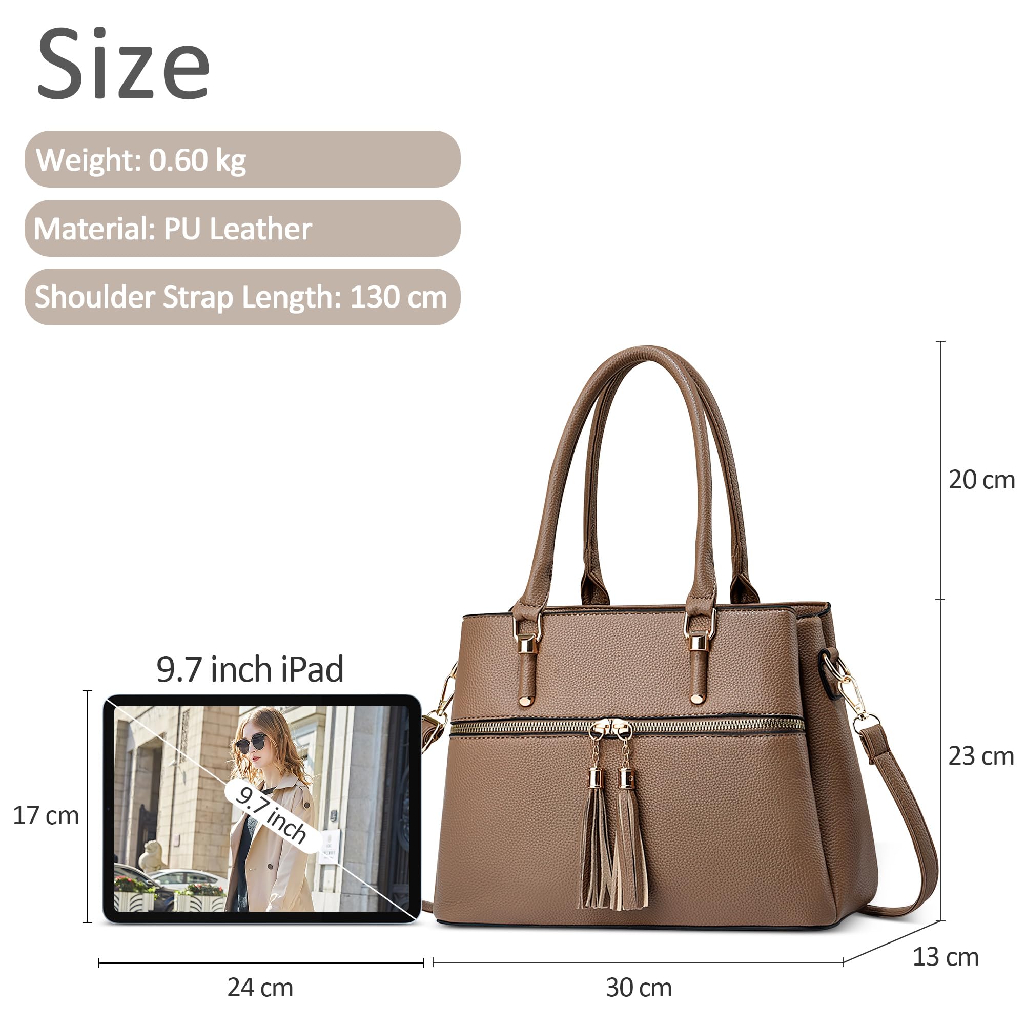 Moda Bolso de Señoras Mediana PU Cuero Bolso de Mano Tote Cruzados con Bolsillos Múltiples Bolsa de Hombro para Trabajo Escuela Viajes Casual Compras Bolsos de Mujer Caqui