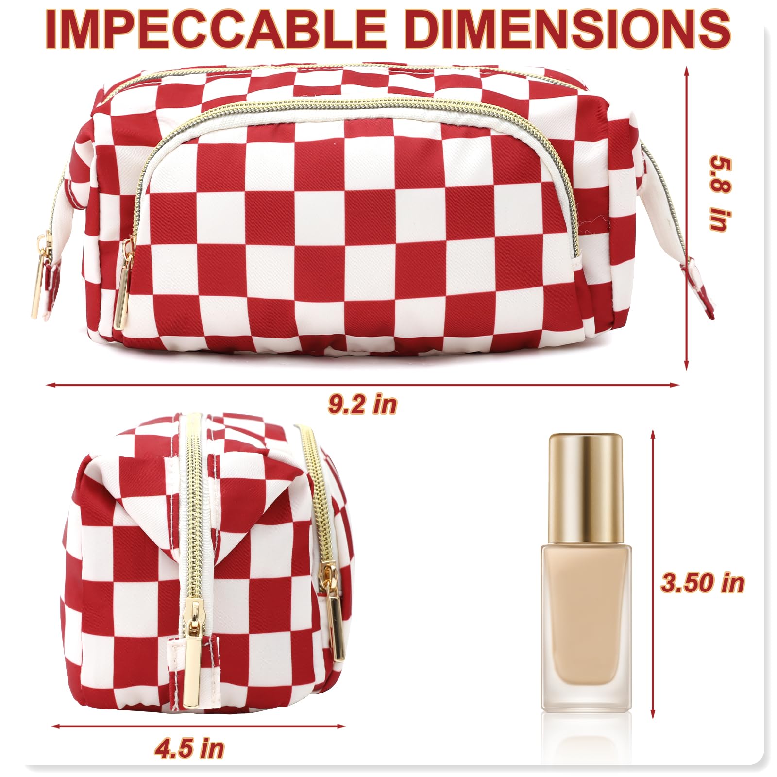 GEHORDEN Checkered Travel Makeup Bag Organizer Toiletry Bag Small Makeup Bag for Purse Cosmetic Bag With Compartments for Women Girls(Red)