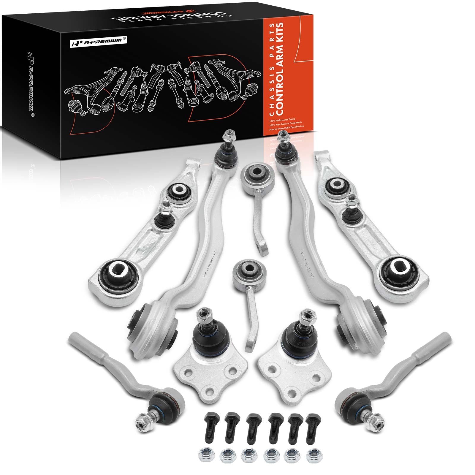 A-Premium Set of 10, Lower Forward Rearward Control Arm, Sway Bar Link, Upper Ball Joint, Outer Tie Rod End, Compatible with Mercedes-Benz E320 E350