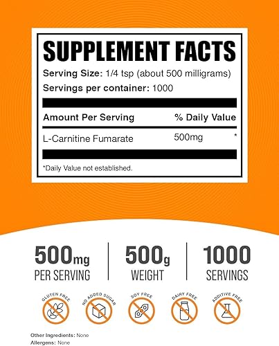 Miniatura 7 de BulkSupplements com L-Carnitina Fumarato - L-Carnitina 500 mg - L Carnitina sin OMG - Carnitina vegana - Quemador de grasa L Carnitina 22lbs - 22