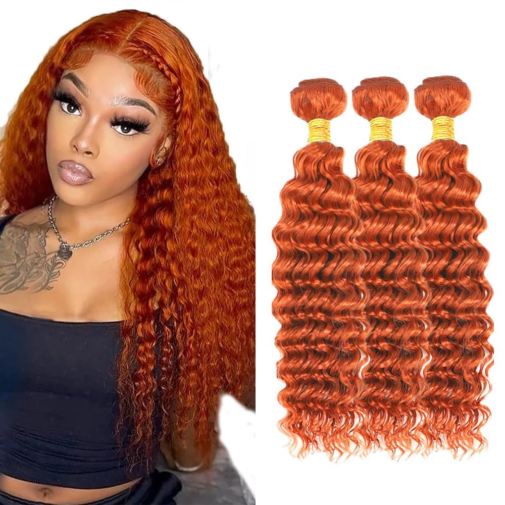 Photo 1 of #350 Ginger Orange Bundles Human Hair Deep Wave Human Hair Bundles 16 16 16 Inch Orange Brazilian Hair 3 Bundle Unprocessed Virgin Remy Hair Extensions 50 Gram Per Bundle