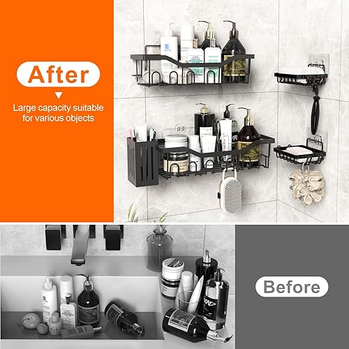 Miniatura 2 de LEPHYON Paquete de 5 unidades  Organizador de ducha sin perforaciones para baño con cesta negra  Estante de ducha inoxidable  Estante de ducha de