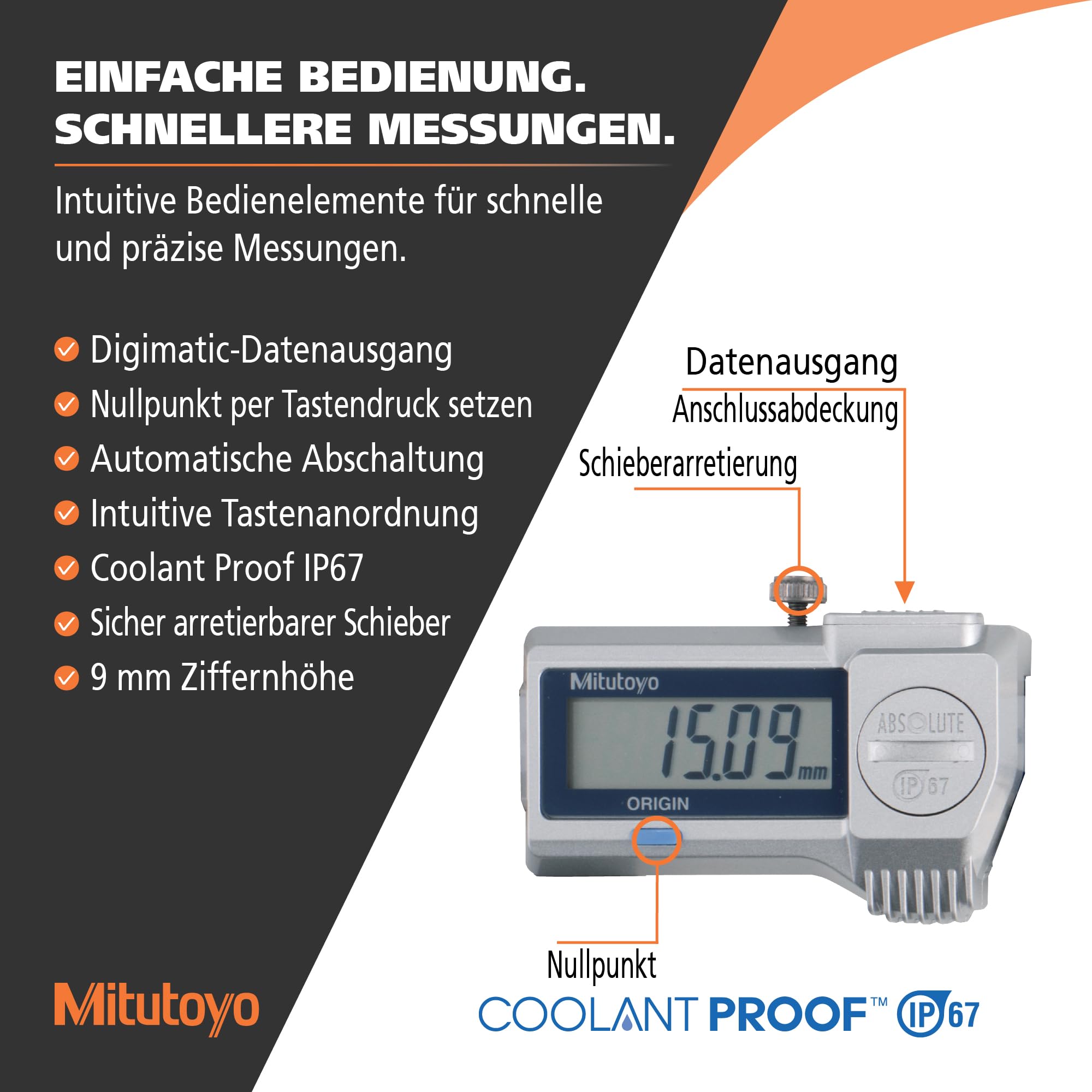 Mitutoyo Digital ABS Tiefenmessschieber IP67, 0-150 mm | 0,01 mm, Tiefenmessung, Datenausgang, IP67