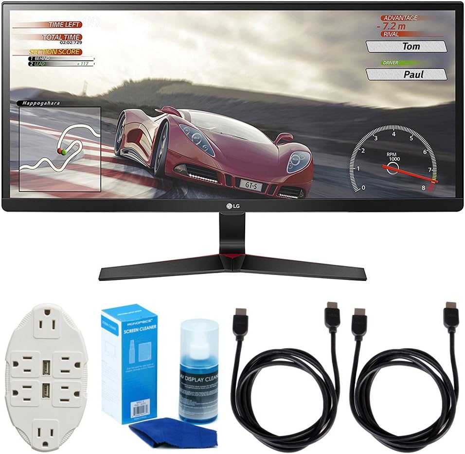 LG 34UM69GB 34-inch UltraWide IPS Gaming Monitor 2560 x 1080 21:9 Bundle with 6-Outlet Surge Adapter with Night Light, 2X 6ft HDMI Cable and Screen Cleaner for LED TVs
