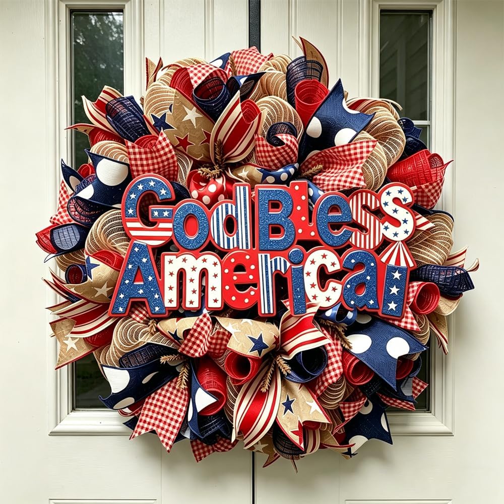 250th Anniversary Patriotic Wreath, 4th of July Wreath for Front Door, 2026 New Personalized Patriotic Memorial Wreaths, Independence Day Wall Sign Outdoor Holiday Decoration (C)
