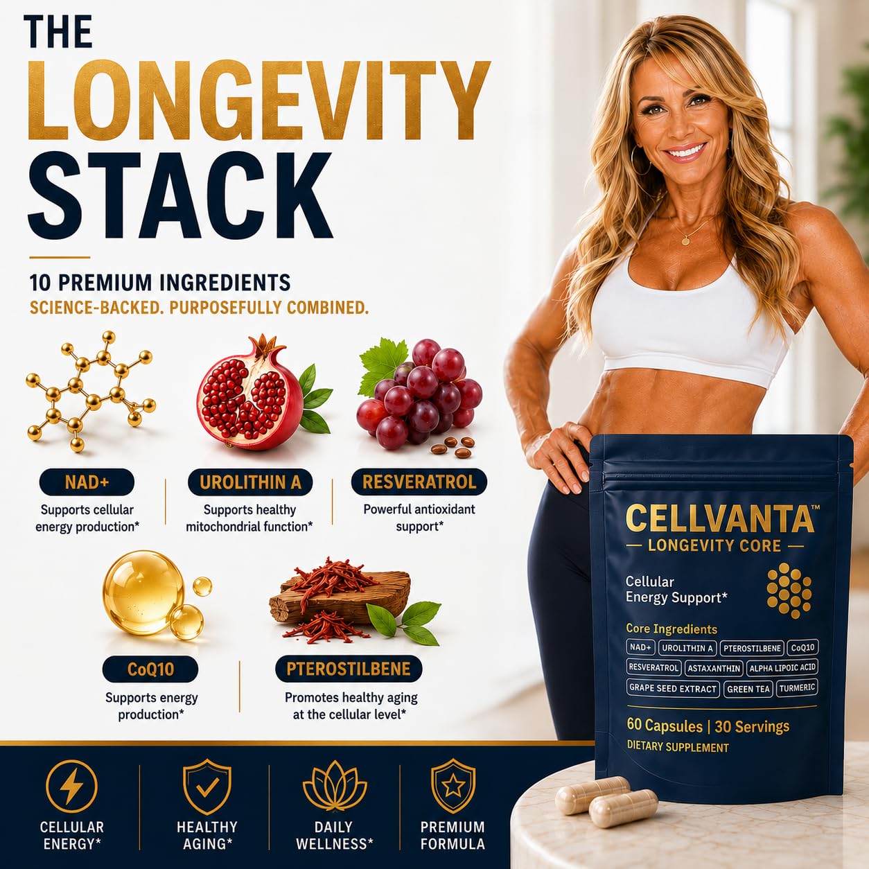 Cellvanta Cellular Energy Support - Urolithin A, NAD+, CoQ10, Resveratrol — Amazon image 4