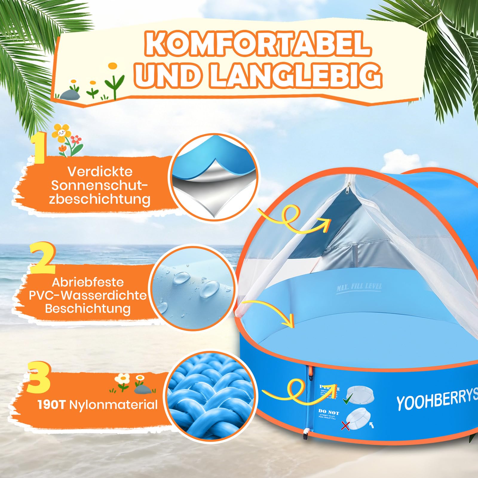 YOOHBERRYS 4-in-1 Pop Up Baby Planschbecken, Strandmuschel Baby mit UV Schutz SPF 50+, Strandzelt Babys mit Moskitonetz, Tragbare Spielzelt Bällebad für Picknick Garten Strand